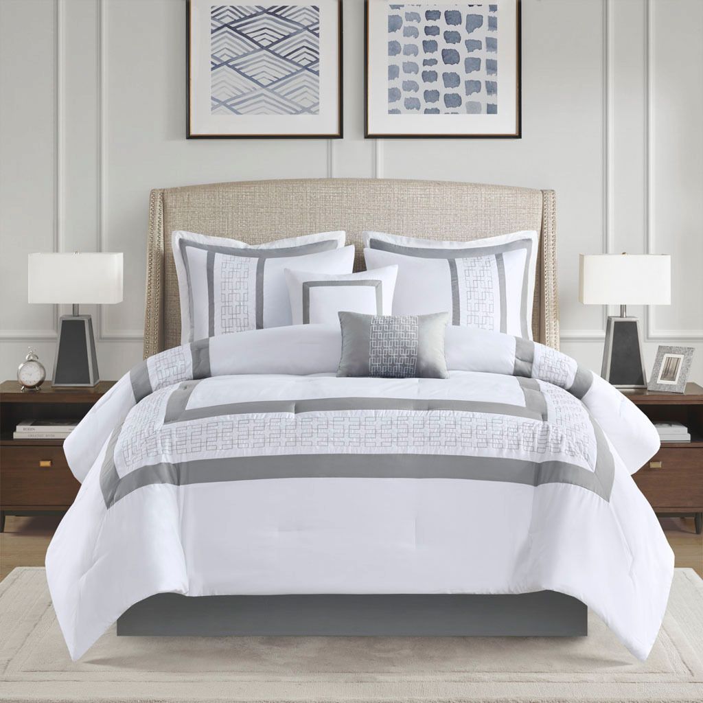 The appearance of Powell 8 Piece Embroidered Queen Comforter Set In White designed by Olliix in the modern / contemporary interior design. This white piece of furniture  was selected by 1StopBedrooms from Powell Collection to add a touch of cosiness and style into your home. Sku: 5DS10-0280. Material: Polyester. Bed Size: Queen.