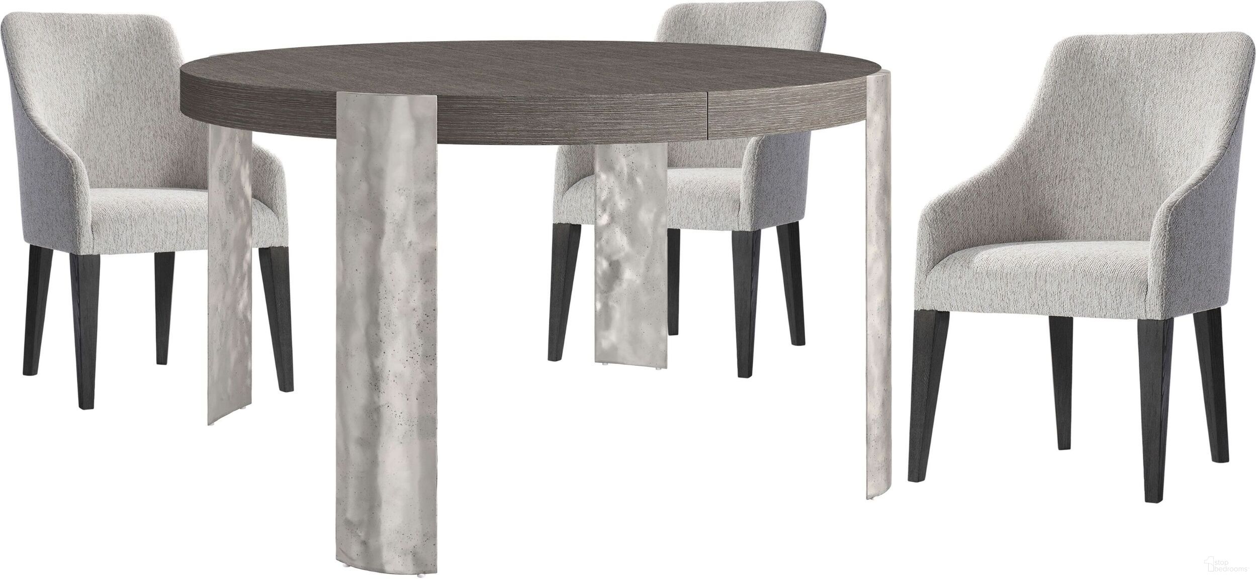 The appearance of Prado Dining Room Set in Porcini Finish designed by Bernhardt in the modern / contemporary interior design. This porcini/bright graphite piece of furniture was selected by 1StopBedrooms from Prado Collection to add a touch of cosiness and style into your home. Sku: 324221B;324546B. Table Base Style: Legs. Table Top Shape: Round. Material: Metal. Size: 54".