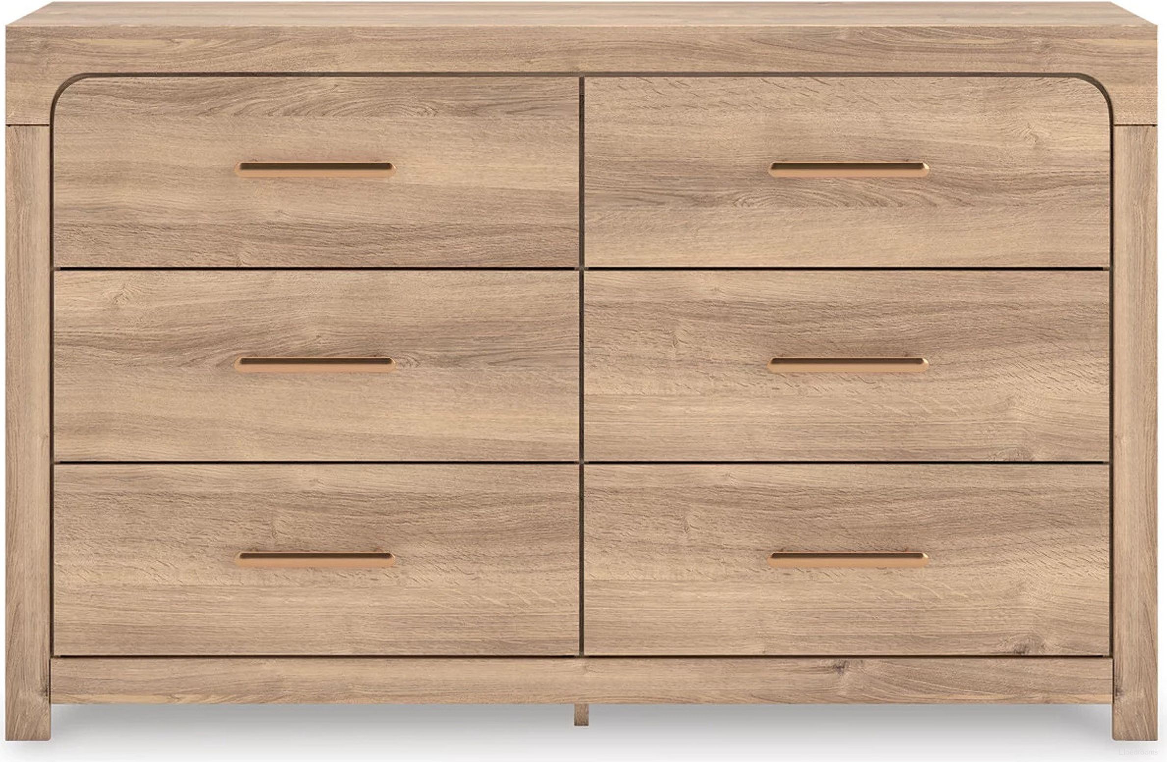 The appearance of Prandefort Dresser In Tan designed by Signature Design by Ashley in the transitional interior design. This tan piece of furniture  was selected by 1StopBedrooms from Prandefort Collection to add a touch of cosiness and style into your home. Sku: NCB1360-31. Material: Wood.