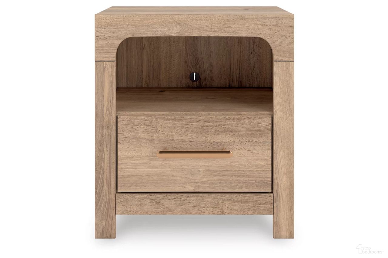 The appearance of Prandefort Nightstand In Tan designed by Signature Design by Ashley in the transitional interior design. This tan piece of furniture was selected by 1StopBedrooms from Prandefort Collection to add a touch of cosiness and style into your home. Sku: NCB1360-91. Material: Wood.