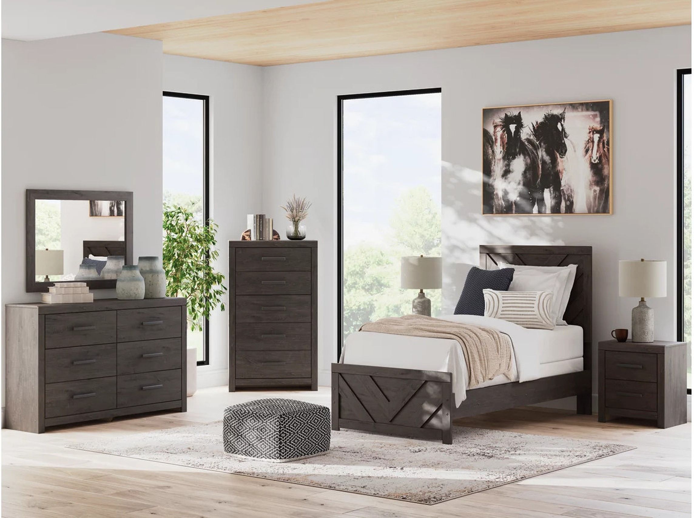 The appearance of Prendonea Youth Panel Bedroom Set In Charcoal designed by Signature Design by Ashley in the transitional interior design. This charcoal piece of furniture  was selected by 1StopBedrooms from Prendonea Collection to add a touch of cosiness and style into your home. Sku: B3789-53;B3789-83;B3789-92. Material: Wood. Bed Size: Twin.