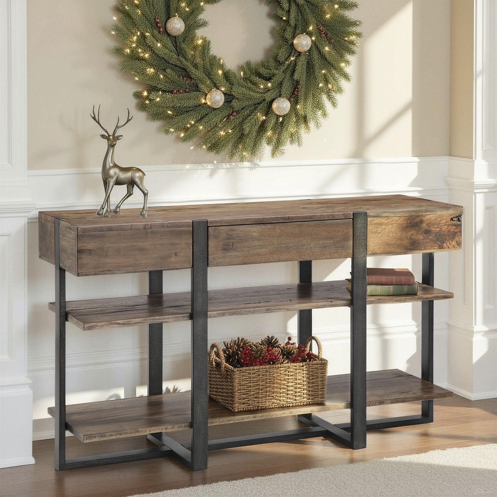 The appearance of Prescott Rustic Honey Rectangular Sofa Table designed by Magnussen in the modern / contemporary interior design. This black piece of furniture  was selected by 1StopBedrooms from Prescott Collection to add a touch of cosiness and style into your home. Sku: T4344-73. Material: Reclaimed Wood.