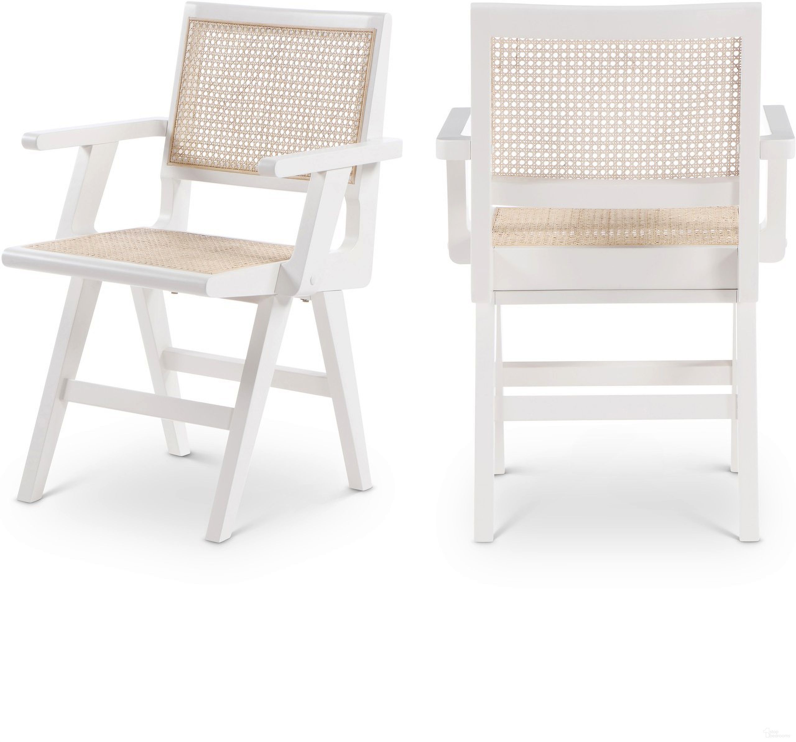 The appearance of Preston Wood Dining Arm Chair Set of 2 In White designed by Meridian in the transitional interior design. This white piece of furniture was selected by 1StopBedrooms from Preston Collection to add a touch of cosiness and style into your home. Sku: 588White-AC. Material: Rubberwood. Chair Type: Arm Chair.