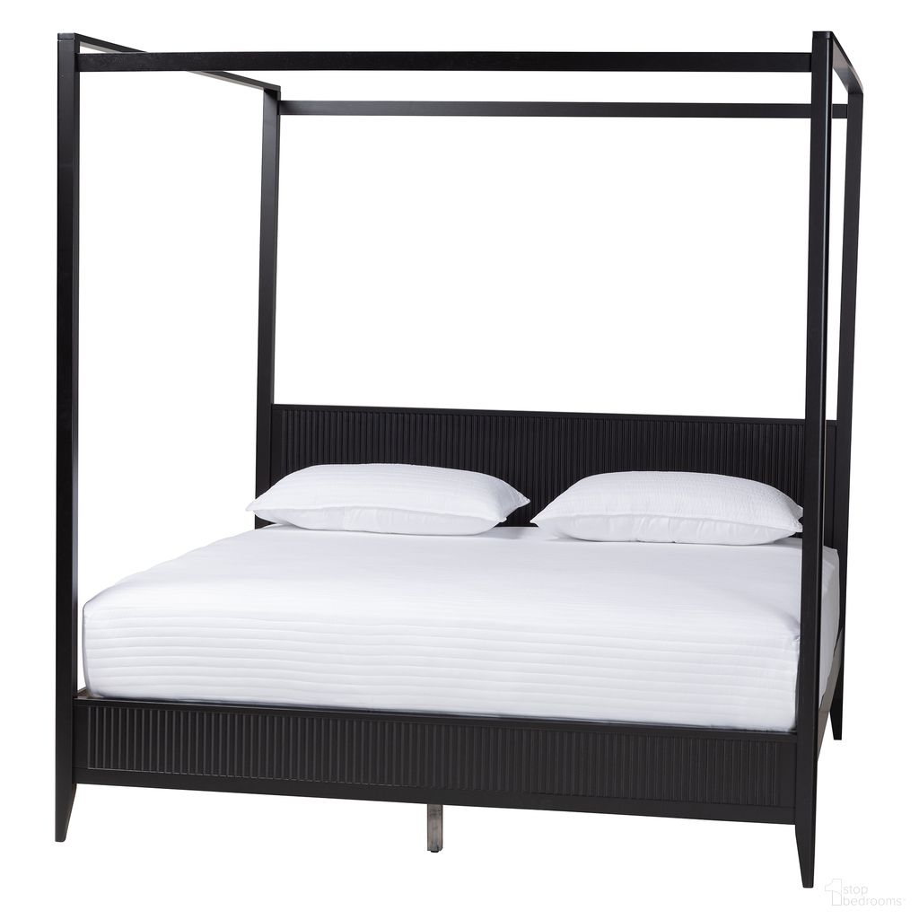 The appearance of Primrose Fluted Wood King Size Canopy Bed In Black designed by Baxton Studio in the transitional interior design. This black piece of furniture  was selected by 1StopBedrooms from Primrose Collection to add a touch of cosiness and style into your home. Sku: SW8609-Black-Canopy King. Bed Type: Canopy Bed. Bed Size: King. Material: Rubberwood.