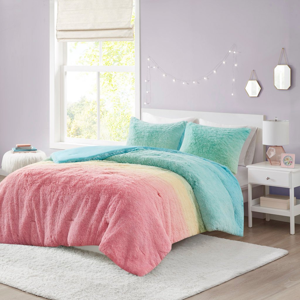 Primrose Ombre Shaggy Faux Fur Twin/Twin XL Comforter Set In Aqua Multi ...