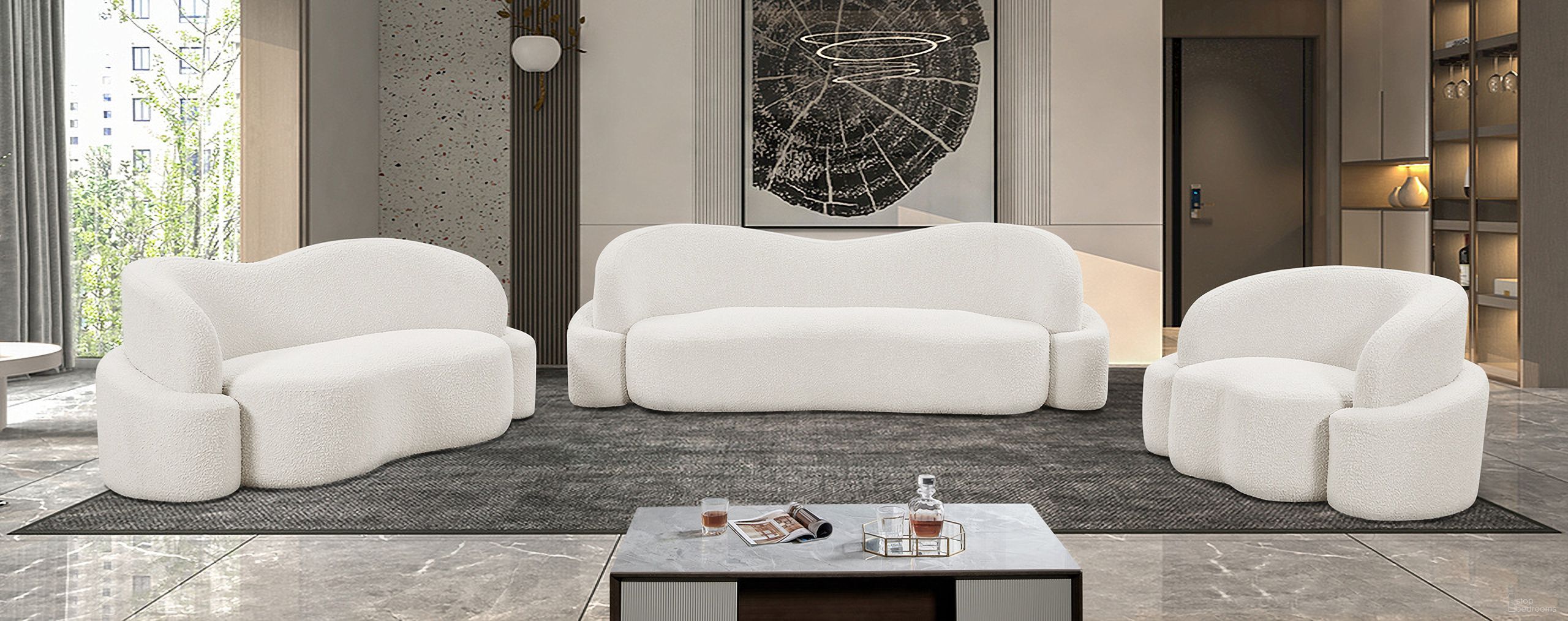 The appearance of Principessa Boucle Fabric Living Room Set In Cream designed by Meridian in the modern / contemporary interior design. This cream piece of furniture was selected by 1StopBedrooms from Principessa Collection to add a touch of cosiness and style into your home. Sku: 108Cream-S;108Cream-L. Material: Boucle Fabric.