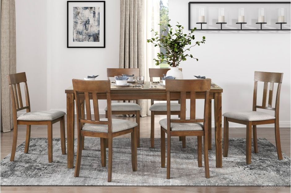 The appearance of Prineville 7-Piece Pack Dinette Set In Beige and Cherry designed by Homelegance in the transitional interior design. This beige and cherry piece of furniture was selected by 1StopBedrooms from Prineville Collection to add a touch of cosiness and style into your home. Sku: 5762. Table Base Style: Legs. Table Top Shape: Rectangular. Material: Textured.