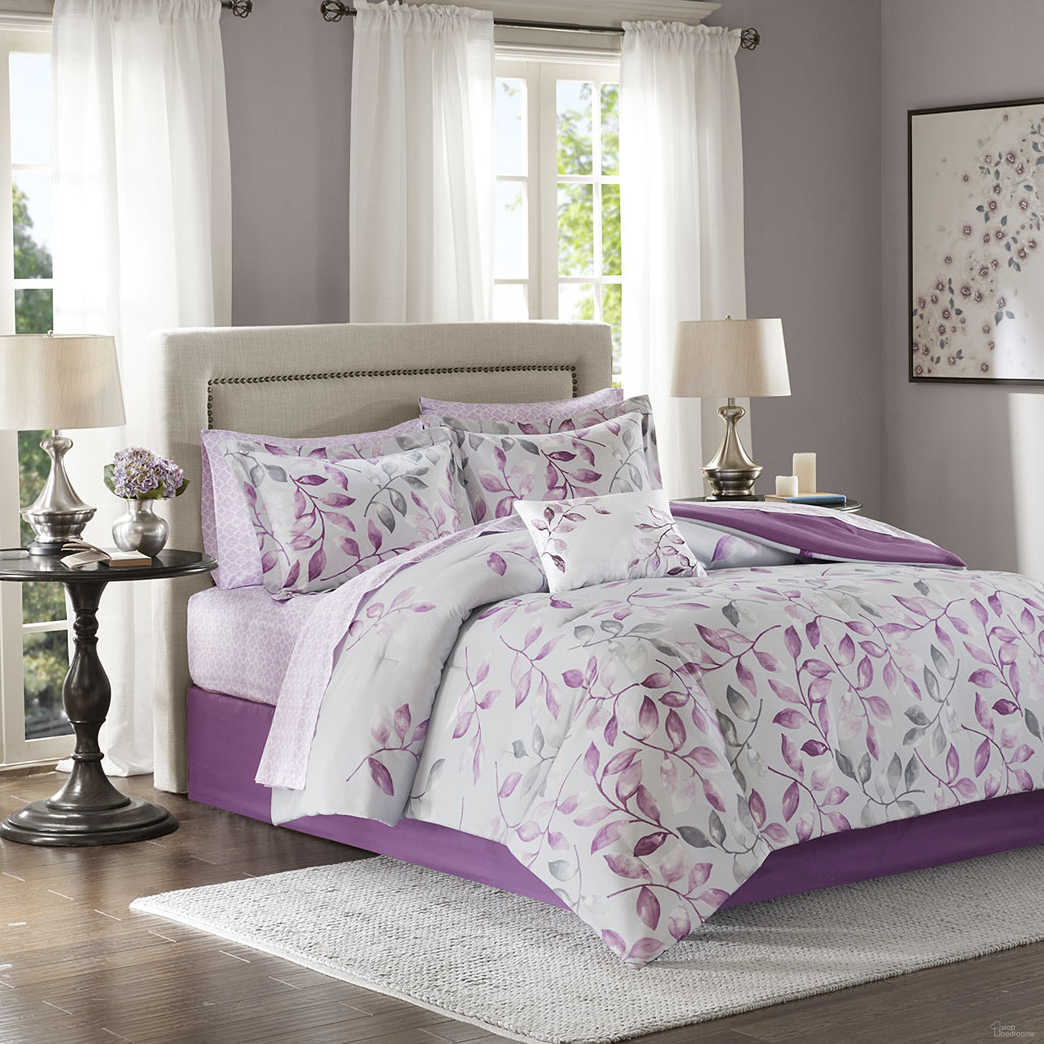 Printed 9 Piece Queen Comforter Set In Purple
