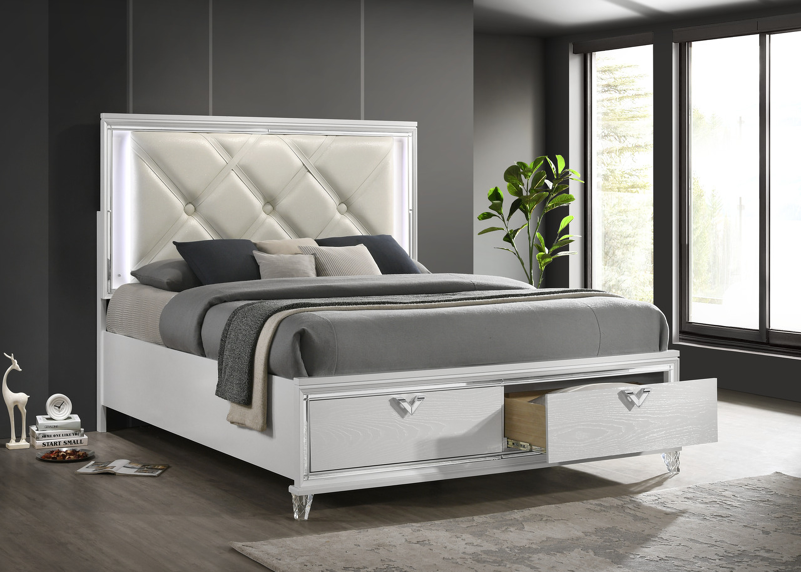 Prism Led Lit King Bed with Padded Tufting and 2 Drawer Storage In White by  Galaxy Home Furnishings