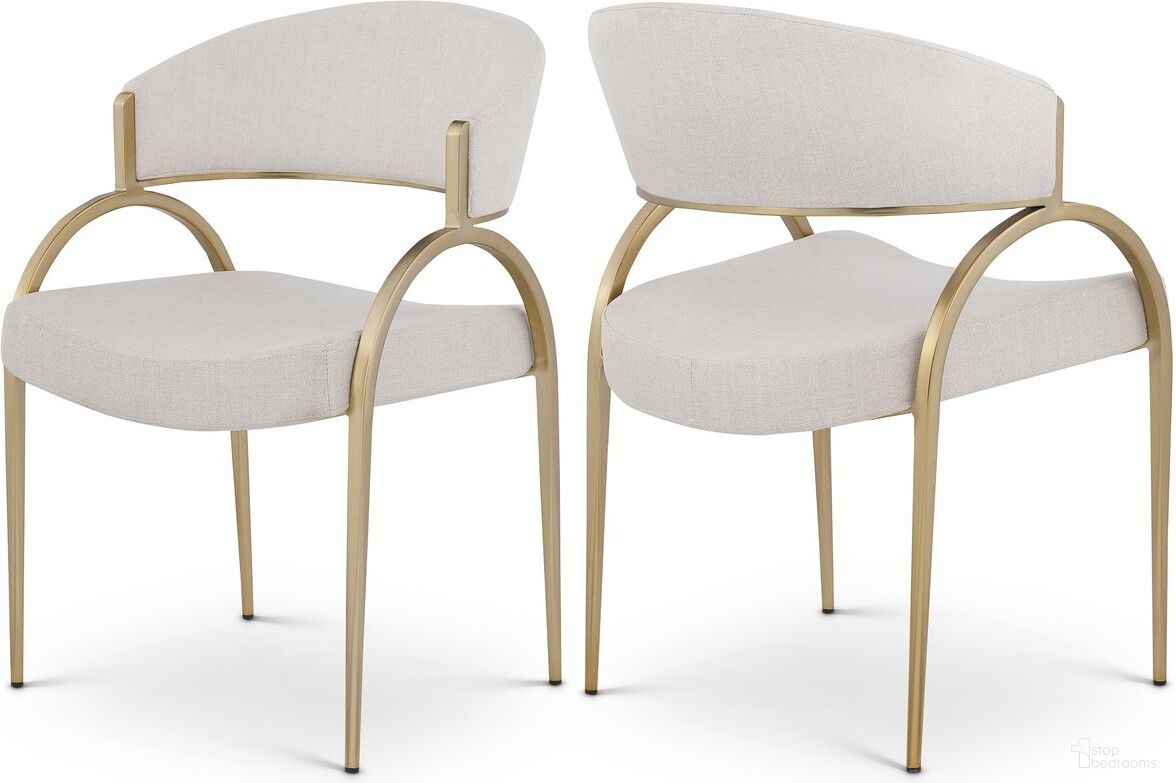 The appearance of Privet Linen Textured Fabric Dining Chair Set of 2 In Beige and Brushed Brass designed by Meridian in the modern / contemporary interior design. This beige piece of furniture  was selected by 1StopBedrooms from Privet Collection to add a touch of cosiness and style into your home. Sku: 930Beige-C. Material: Metal. Chair Type: Side Chair.