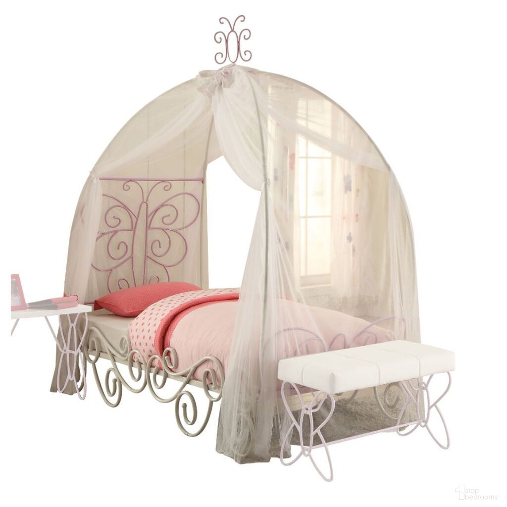 The appearance of Priya Ii White and Light Purple Full Canopy Bed designed by ACME in the modern / contemporary interior design. This white piece of furniture was selected by 1StopBedrooms from Priya Ii Collection to add a touch of cosiness and style into your home. Sku: 30535F. Bed Type: Canopy Bed. Material: Metal. Bed Size: Full.
