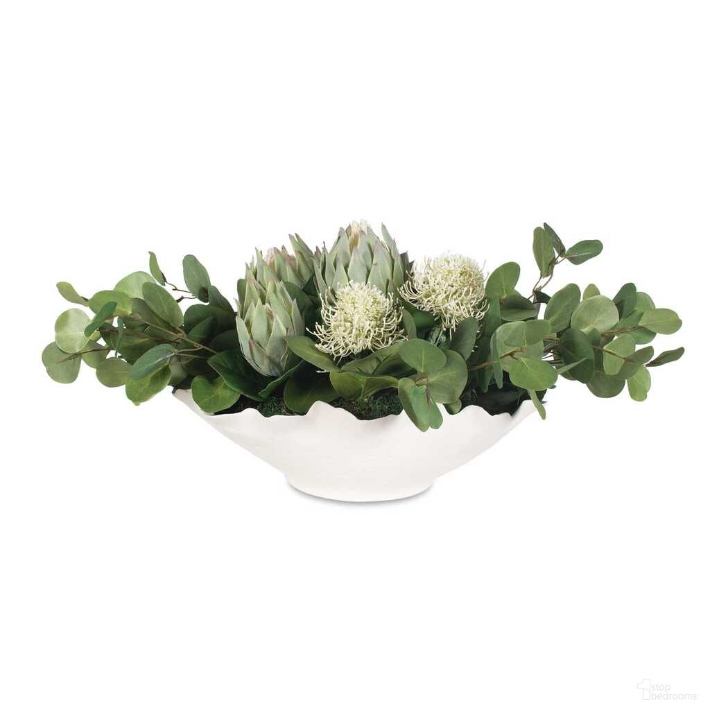 The appearance of Protea Blooms Bowl Centerpiece In Green and White designed by Uttermost in the modern / contemporary interior design. This green and white piece of furniture was selected by 1StopBedrooms from Protea Blooms Collection to add a touch of cosiness and style into your home. Sku: 60256. Material: Poly.