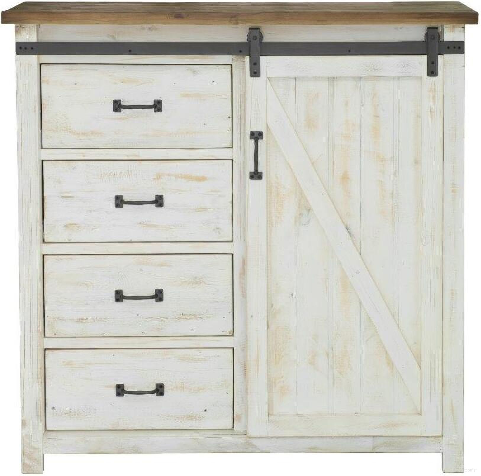 The appearance of Provence 4 Drawer Chest With 1 Door designed by LH Imports in the country / farmhouse interior design. This white and brown piece of furniture  was selected by 1StopBedrooms from Provence Collection to add a touch of cosiness and style into your home. Sku: PVN007. Material: Pine.
