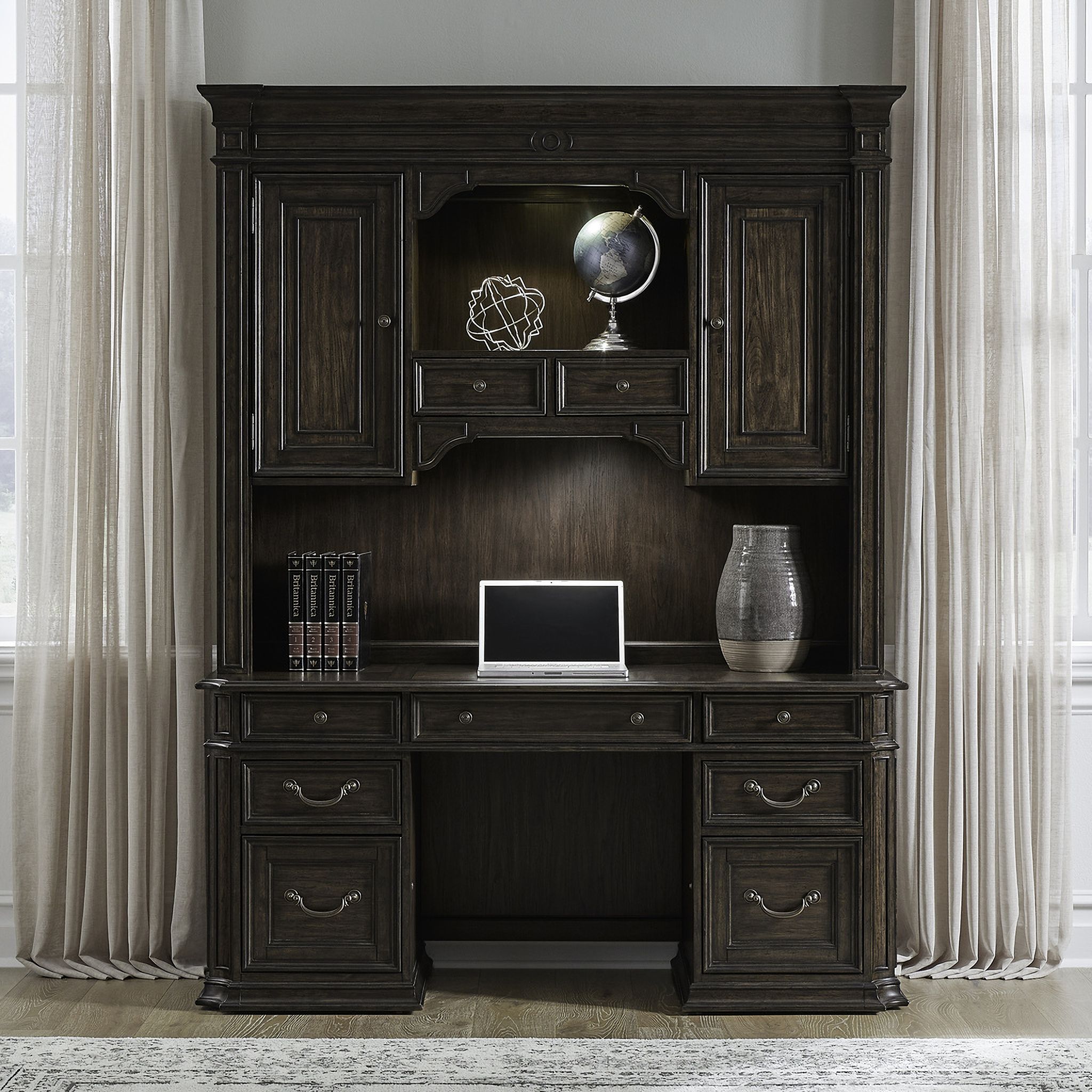 The appearance of Provence Park Jr Executive Credenza Hutch In Chateau designed by Liberty in the traditional interior design. This chateau piece of furniture was selected by 1StopBedrooms from Provence Park Collection to add a touch of cosiness and style into your home. Sku: 765-HO121. Material: Solid Rubberwood.