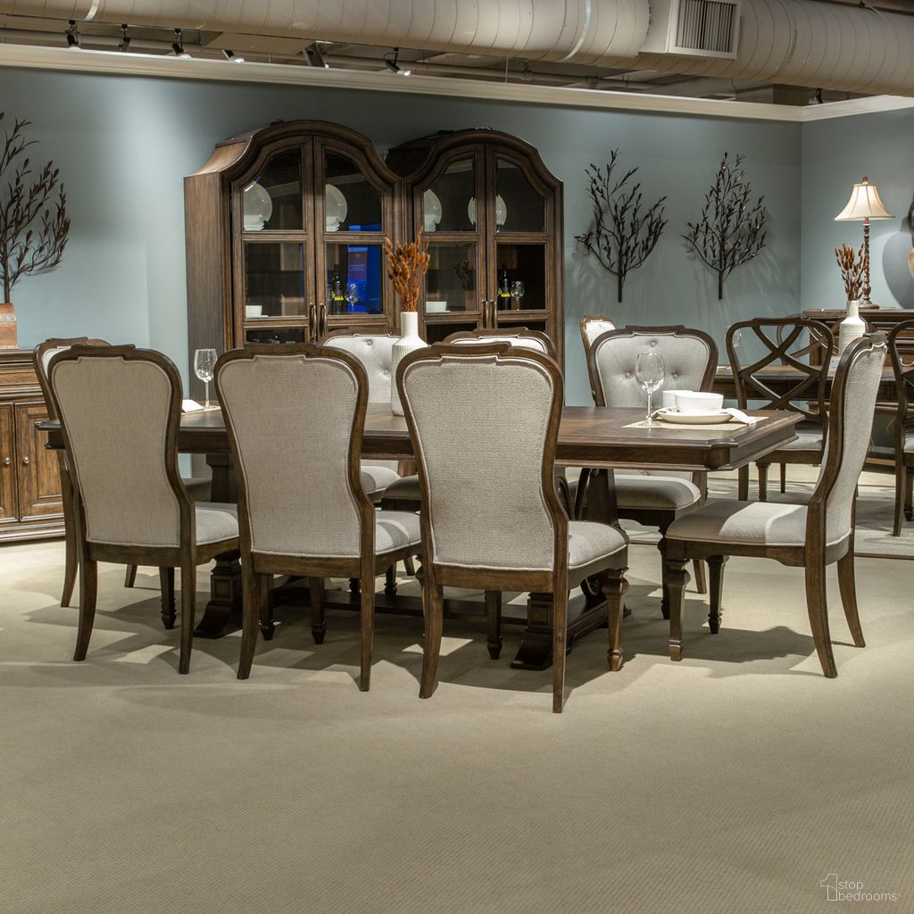 The appearance of Provence Park Trestle Dining Room Set In Chateau Brown designed by Liberty in the traditional interior design. This chateau brown piece of furniture was selected by 1StopBedrooms from Provence Park Collection to add a touch of cosiness and style into your home. Sku: 765-P4402;765-T4402;765-C9001S. Table Top Shape: Rectangular. Size: 102" x 44". Material: Hickory.