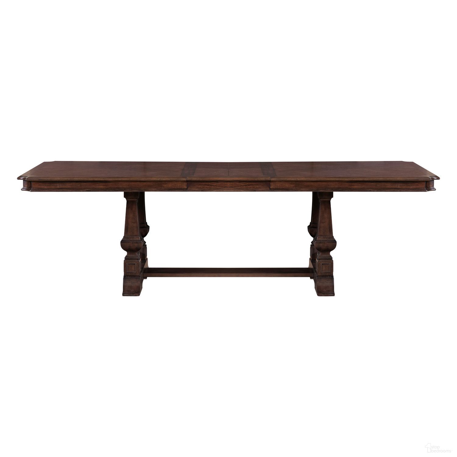 The appearance of Provence Park Trestle Table Set In Chateau Brown designed by Liberty in the traditional interior design. This chateau brown piece of furniture was selected by 1StopBedrooms from Provence Park Collection to add a touch of cosiness and style into your home. Sku: 765-P4402;765-T4402. Table Base Style: Trestle. Table Top Shape: Rectangular. Size: 102" x 44". Material: Solid Rubberwood.