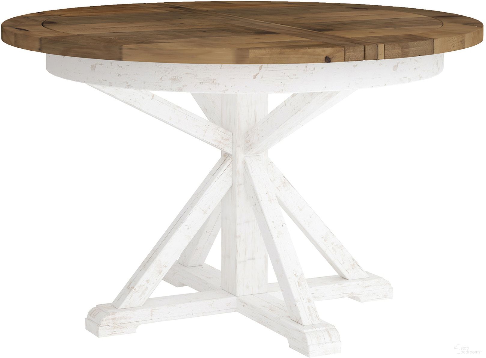 The appearance of Provence White and Brown Round Extension Table designed by LH Imports in the country / farmhouse interior design. This white and brown piece of furniture was selected by 1StopBedrooms from Provence Collection to add a touch of cosiness and style into your home. Sku: PVN013S. Table Base Style: Pedestal. Table Top Shape: Round. Material: Pine. Size: 63".