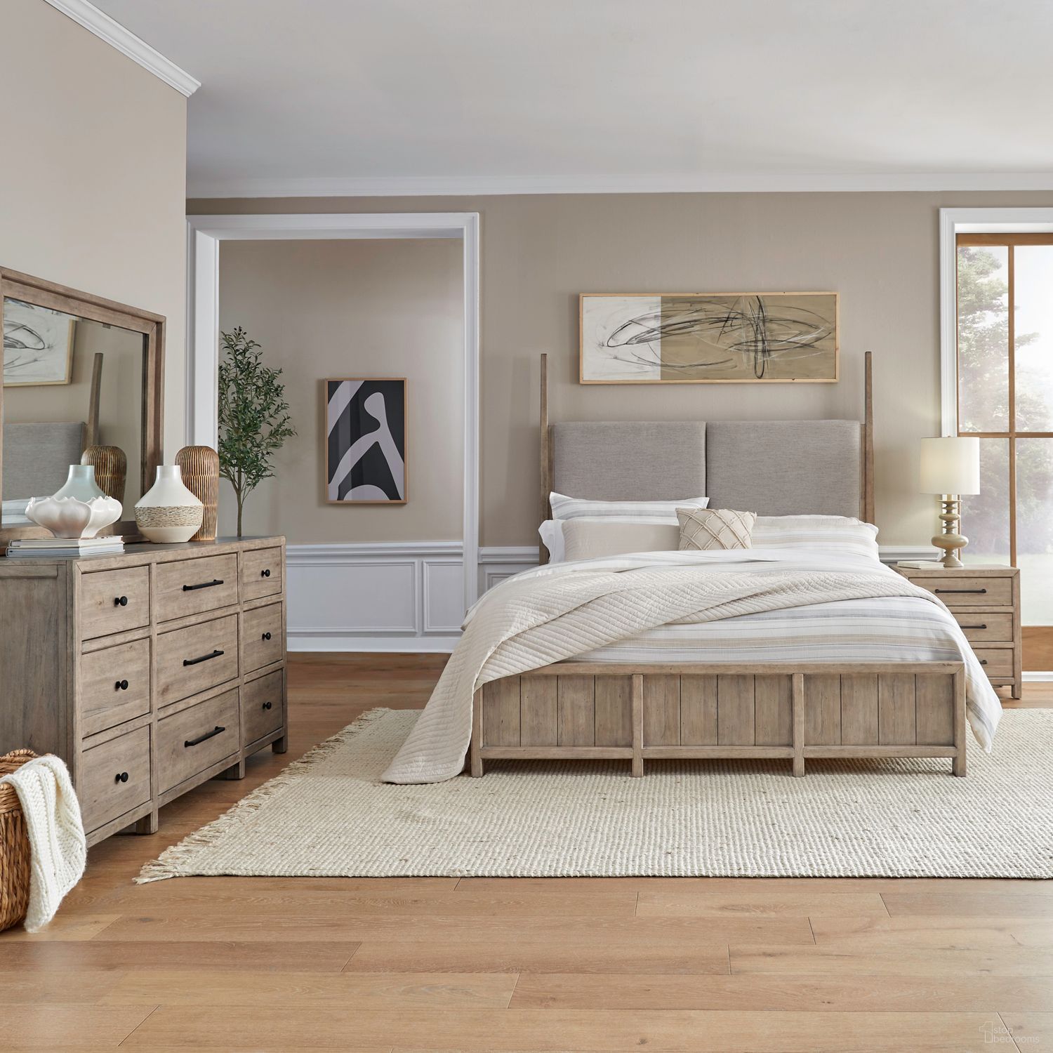 The appearance of Proximity Place Poster Bedroom Set In Barley Buff designed by Liberty in the transitional interior design. This barley buff piece of furniture was selected by 1StopBedrooms from Proximity Place Collection to add a touch of cosiness and style into your home. Sku: 780-BR01HU;780-BR14;780-BR91;780-BR61. Bed Size: California King. Material: Birch Veneer.