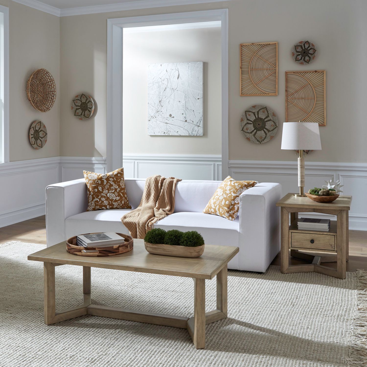 The appearance of Proximity Place Rectangular Occasional Table Set In Barley Buff designed by Liberty in the transitional interior design. This barley buff piece of furniture was selected by 1StopBedrooms from Proximity Place Collection to add a touch of cosiness and style into your home. Sku: 780-OT1010;780-OT1020. Material: Birch Veneer.