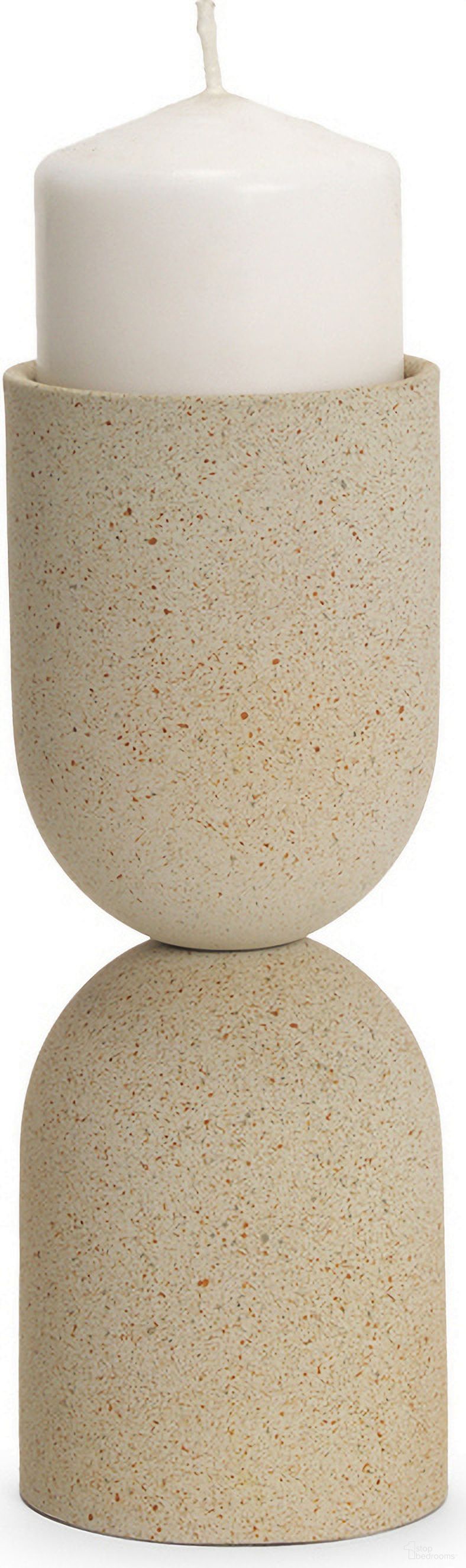 Qamra Textured Metal Short Pillar Candle Holder In Beige