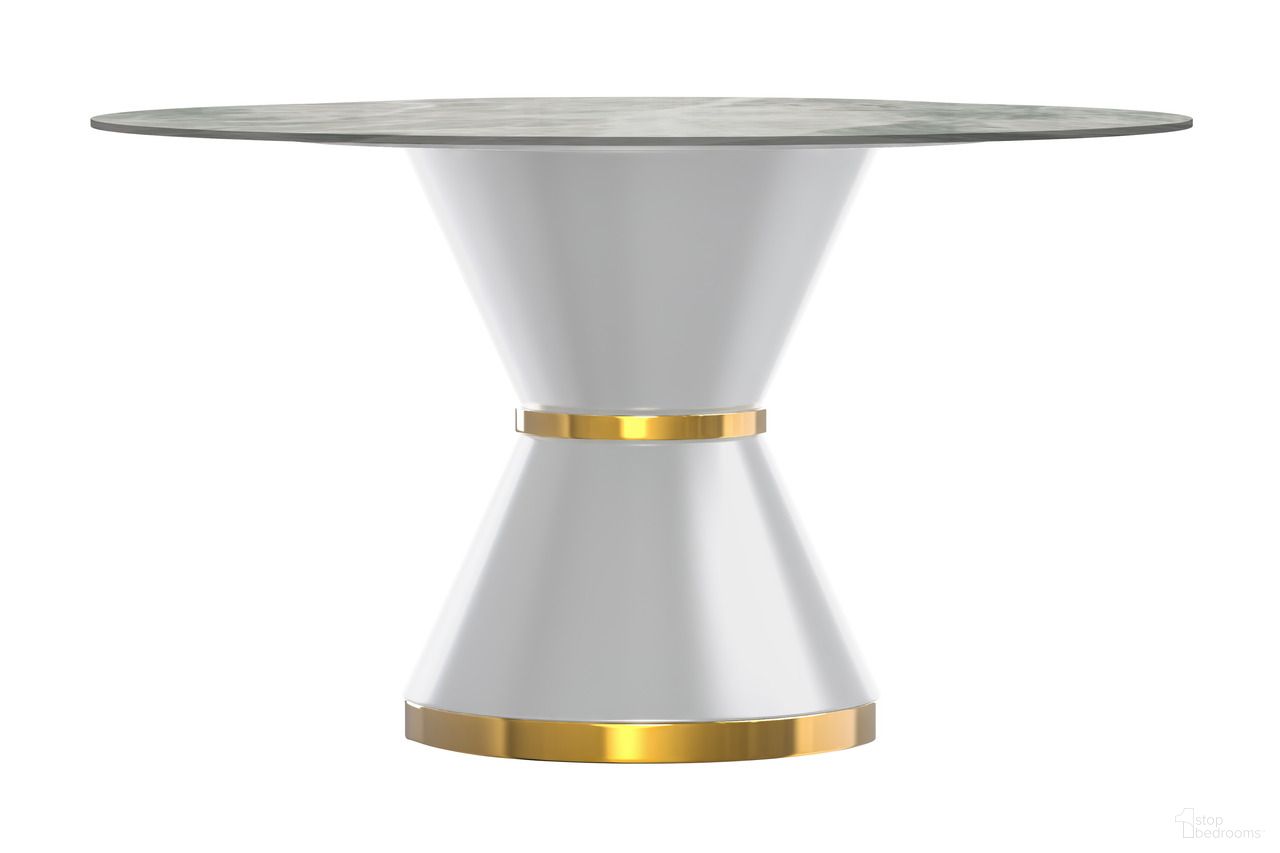 The appearance of Qorvus 60 Inch Round Dining Table with Sintered Stone Top In White and Light Grey designed by LeisureMod in the modern / contemporary interior design. This white and light grey piece of furniture  was selected by 1StopBedrooms from Qorvus Collection to add a touch of cosiness and style into your home. Sku: QRW-60IG-S. Table Base Style: Pedestal. Table Top Shape: Round. Material: Stone. Size: 60".
