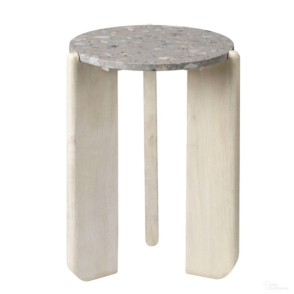 The appearance of Quarry Wood and Terrazzo Stone Side Table In White Bleach and Grey designed by Jamie Young Company in the modern / contemporary interior design. This white and grey piece of furniture  was selected by 1StopBedrooms from Quarry Collection to add a touch of cosiness and style into your home. Sku: 20QUAR-STGR. Material: Mango Wood.