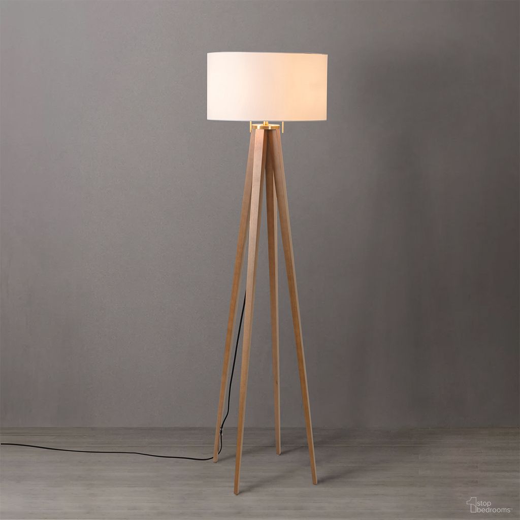 Quattro White Linen Shade Floor Lamp In Natural Ash and Weathered Brass