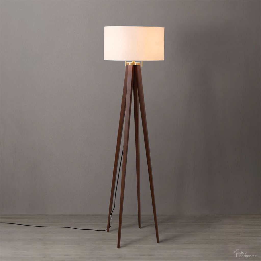 Quattro White Linen Shade Floor Lamp In Walnut and Weathered Brass