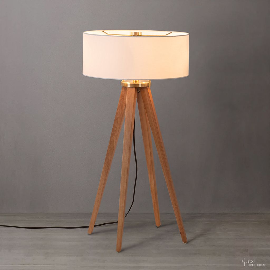 Quattro White Linen Shade Table Lamp In Natural Ash and Weathered Brass