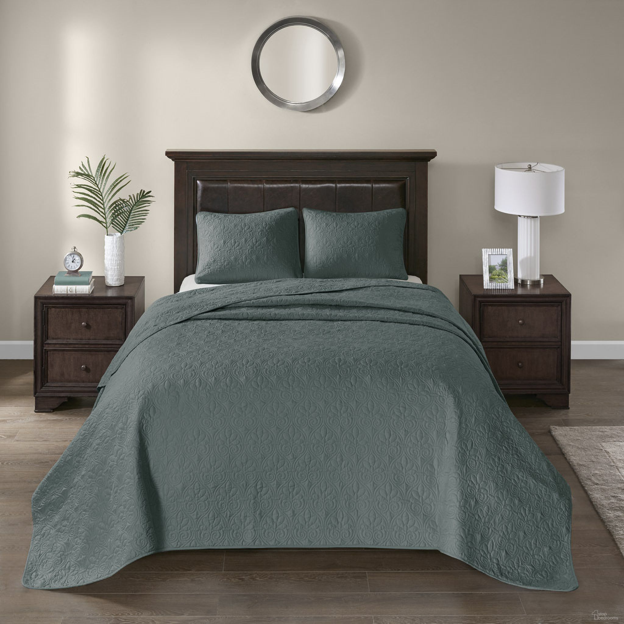The appearance of Quebec 3 Piece Reversible Bedspread Set In Balsam Green designed by Olliix in the traditional interior design. This balsam green piece of furniture was selected by 1StopBedrooms from Quebec Collection to add a touch of cosiness and style into your home. Sku: MP13-8480. Bed Size: Queen. Material: Cotton.