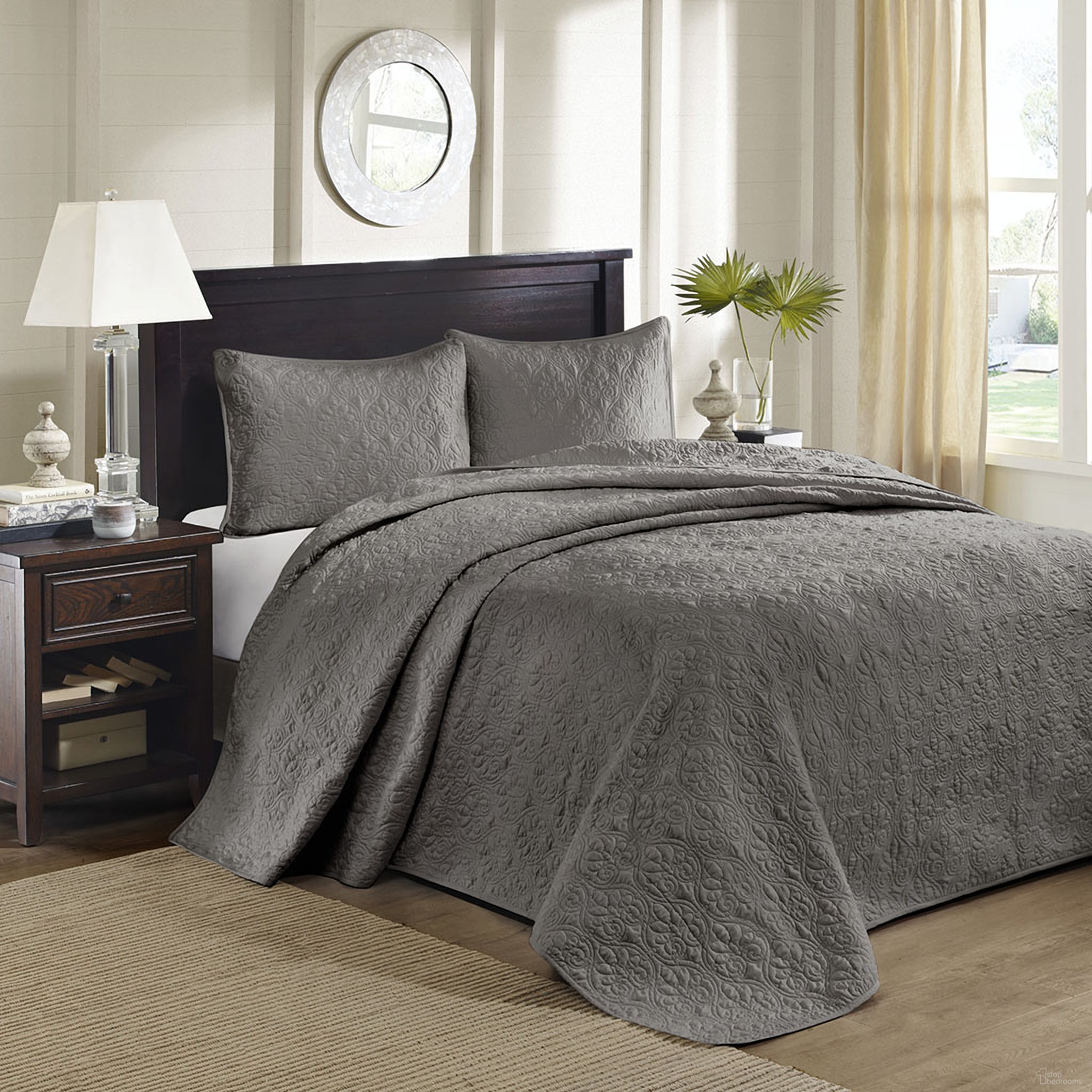 The appearance of Quebec Polyester Brushed Microfiber 3 Piece King Bedspread Set In Dark Grey designed by Olliix in the transitional interior design. This dark grey piece of furniture was selected by 1StopBedrooms from Quebec Collection to add a touch of cosiness and style into your home. Sku: MP13-6127. Bed Size: King. Material: Cotton.