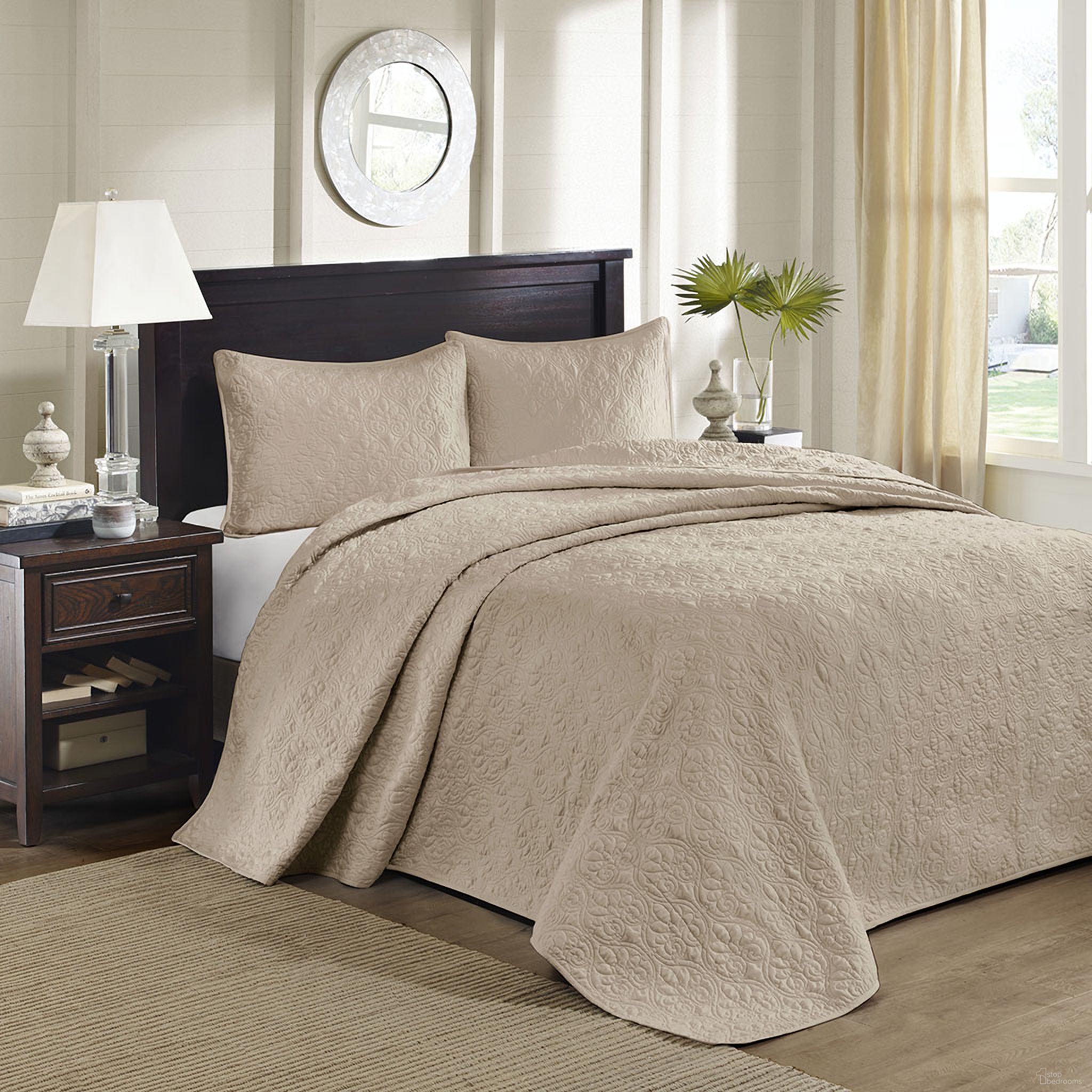Quebec Polyester Microfiber 3 Piece King Bedspread Set In Khaki