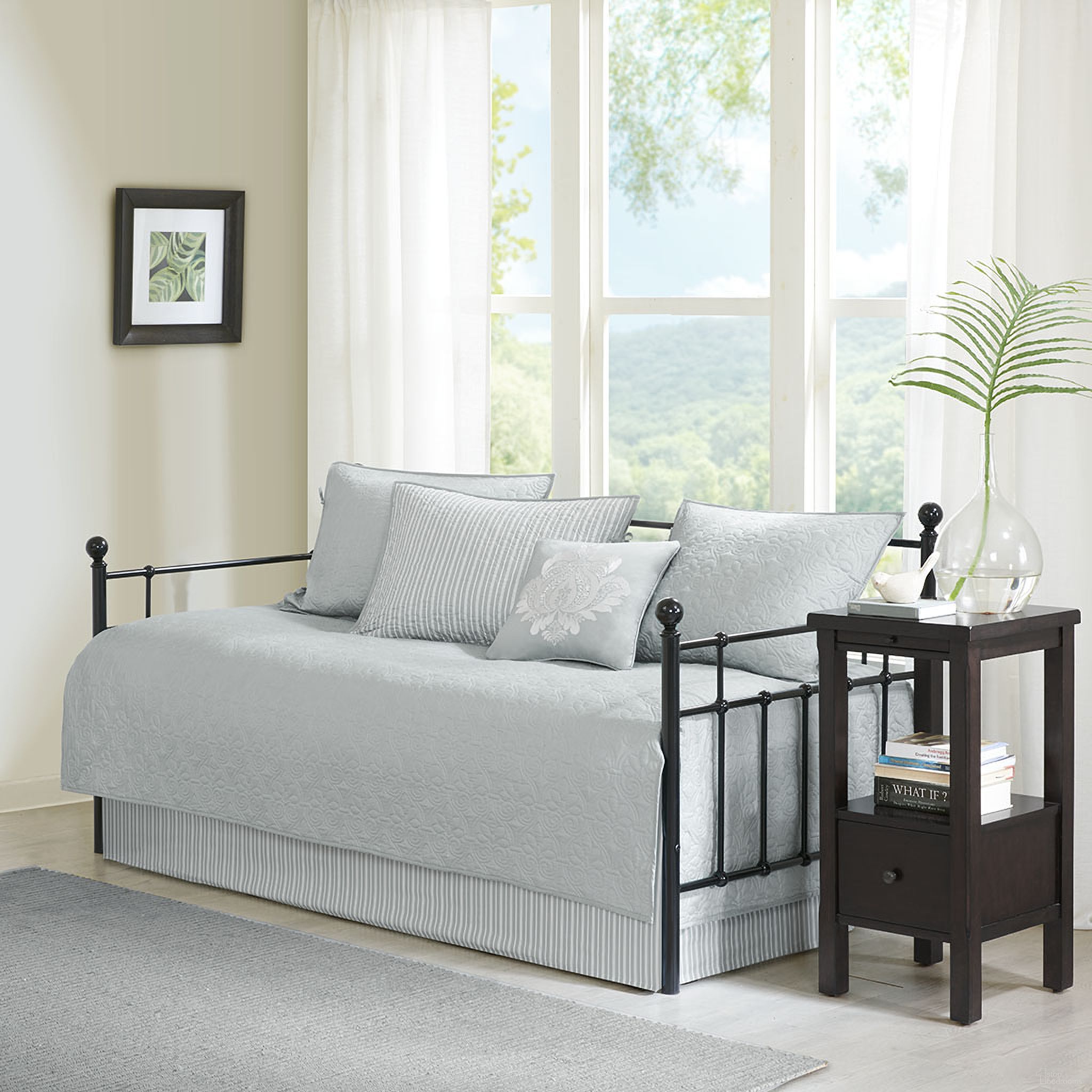 The appearance of Quebec Polyester Solid Reversible 6 Piece Daybed Set In Grey designed by Olliix in the transitional interior design. This grey piece of furniture  was selected by 1StopBedrooms from Quebec Collection to add a touch of cosiness and style into your home. Sku: MP13-4970. Bed Size: Twin. Material: Cotton.
