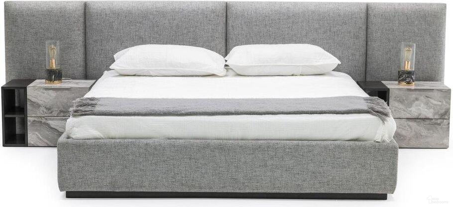 Queen Nova Domus Maranello Modern Grey Fabric Bed With Two Nightstands