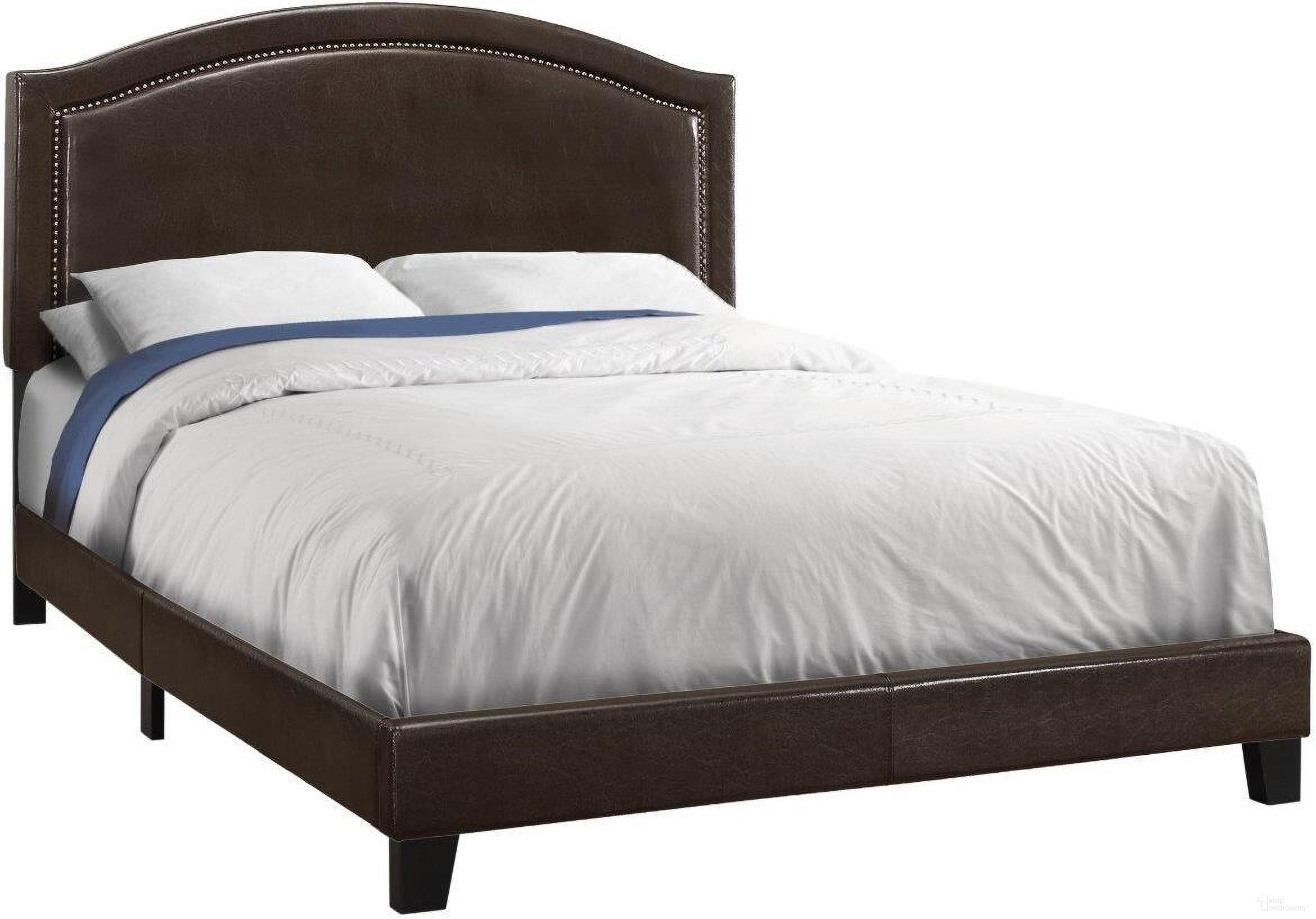 The appearance of Queen Size Bed In Brown Leather Look With Brass Trim designed by Monarch Specialties in the transitional interior design. This brown piece of furniture was selected by 1StopBedrooms from to add a touch of cosiness and style into your home. Sku: I 5938Q. Bed Type: Panel Bed. Bed Size: Queen. Material: MDF.