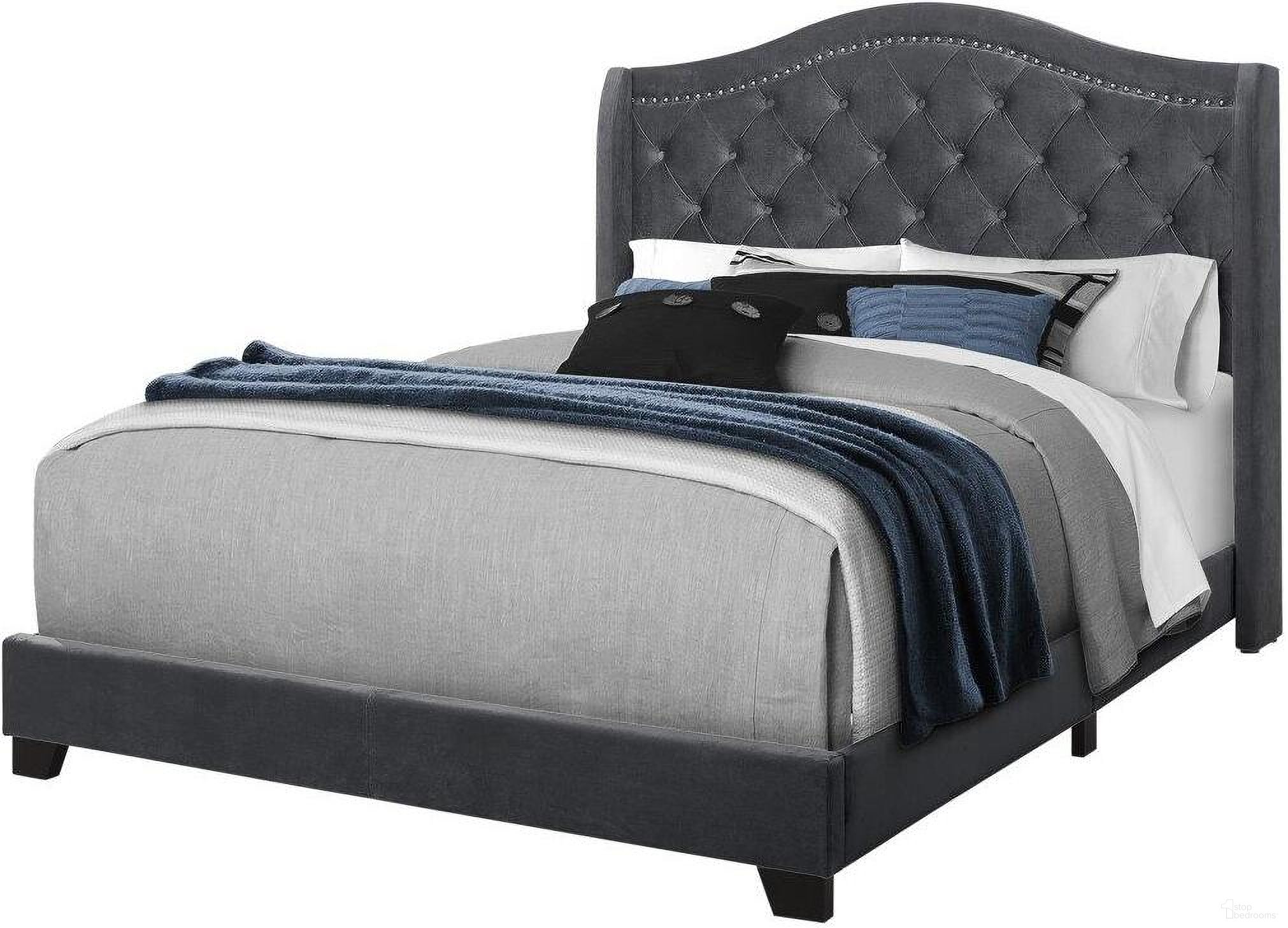Queen Size Bed In Dark Grey Velvet With Chrome Trim