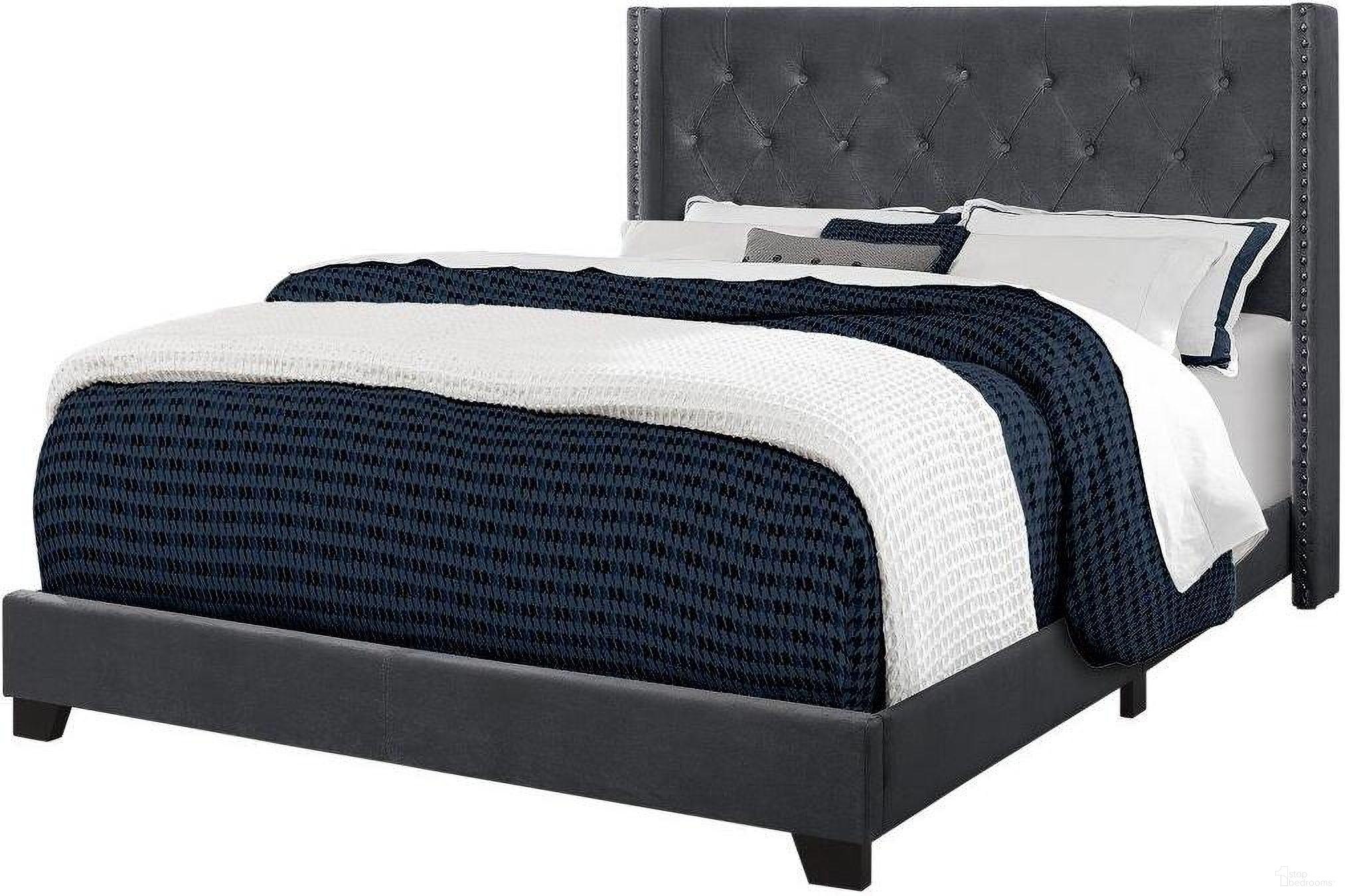 The appearance of Queen Size Bed In Dark Grey Velvet With Chrome Trim I 5986Q designed by Monarch Specialties in the modern / contemporary interior design. This dark grey piece of furniture was selected by 1StopBedrooms from to add a touch of cosiness and style into your home. Sku: I 5986Q. Bed Type: Panel Bed. Bed Size: Queen. Material: Velvet.