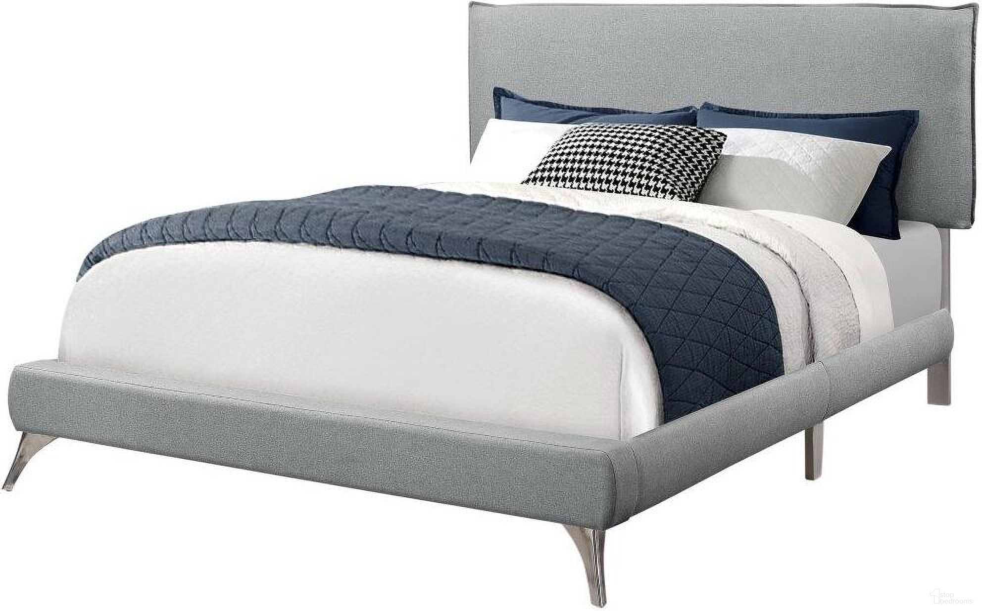 The appearance of Queen Size Bed In Grey Linen With Chrome Legs designed by Monarch Specialties in the modern / contemporary interior design. This grey piece of furniture was selected by 1StopBedrooms from to add a touch of cosiness and style into your home. Sku: I 5950Q. Bed Type: Panel Bed. Material: Wood. Bed Size: Queen.