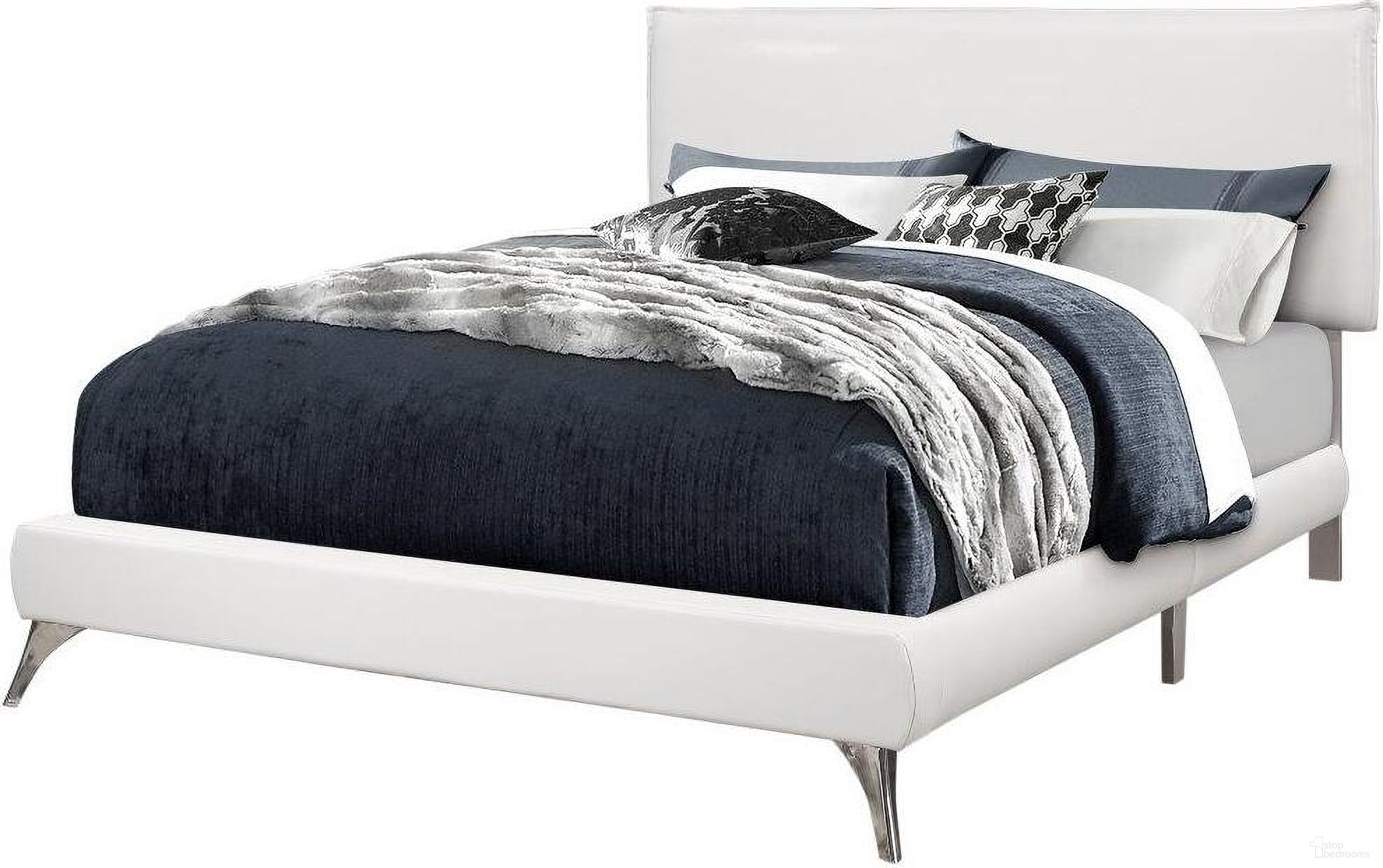 The appearance of Queen Size Bed In White Leather Look With Chrome Legs designed by Monarch Specialties in the modern / contemporary interior design. This white piece of furniture was selected by 1StopBedrooms from to add a touch of cosiness and style into your home. Sku: I 5953Q. Bed Type: Panel Bed. Bed Size: Queen. Material: MDF.