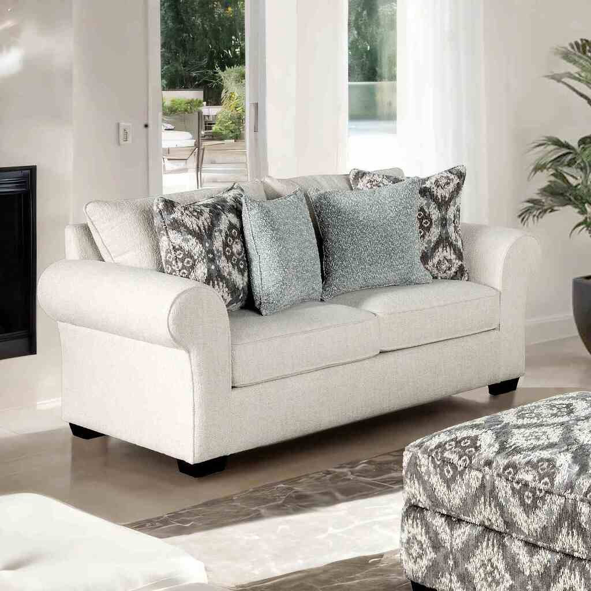 The appearance of Queensbury Loveseat In White designed by Furniture of America in the transitional interior design. This white piece of furniture was selected by 1StopBedrooms from Queensbury Collection to add a touch of cosiness and style into your home. Sku: FM61113WH-LV. Material: Fabric.