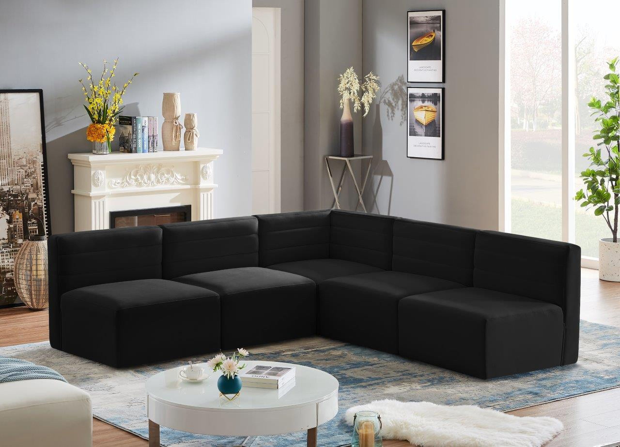 The appearance of Quincy Velvet 5 Piece Modular Sectional In Black designed by Meridian in the modern / contemporary interior design. This black piece of furniture  was selected by 1StopBedrooms from Quincy Collection to add a touch of cosiness and style into your home. Sku: 677Black-Corner;677Black-Armless;677Black-Armless;677Black-Armless;677Black-Armless. Material: Velvet. Layout: L-Shape.