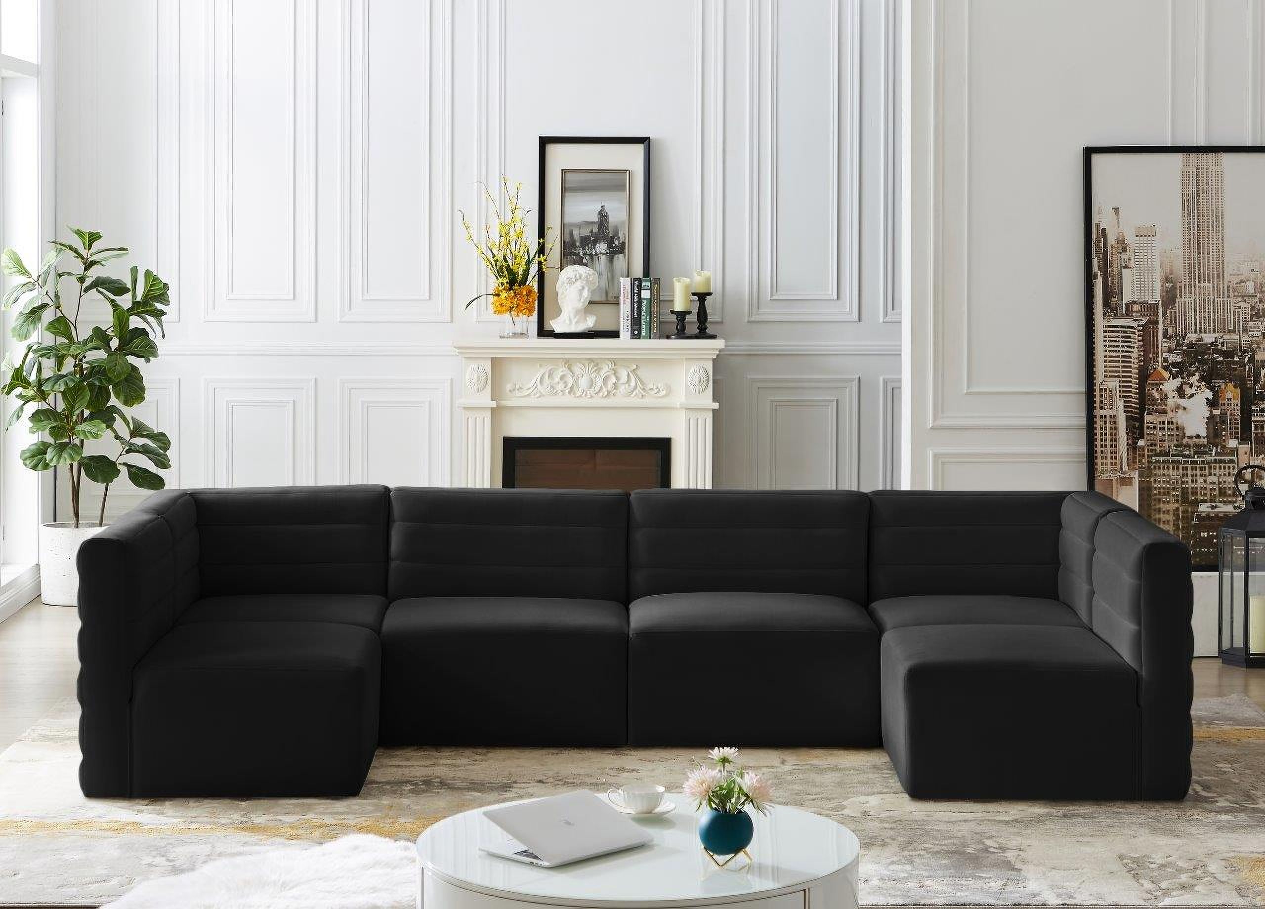 The appearance of Quincy Velvet 6 Piece Modular Sectional In Black designed by Meridian in the modern / contemporary interior design. This black piece of furniture  was selected by 1StopBedrooms from Quincy Collection to add a touch of cosiness and style into your home. Sku: 677Black-Corner;677Black-Corner;677Black-Armless;677Black-Armless;677Black-Armless;677Black-Armless. Material: Velvet. Layout: Sofa & Chaise.