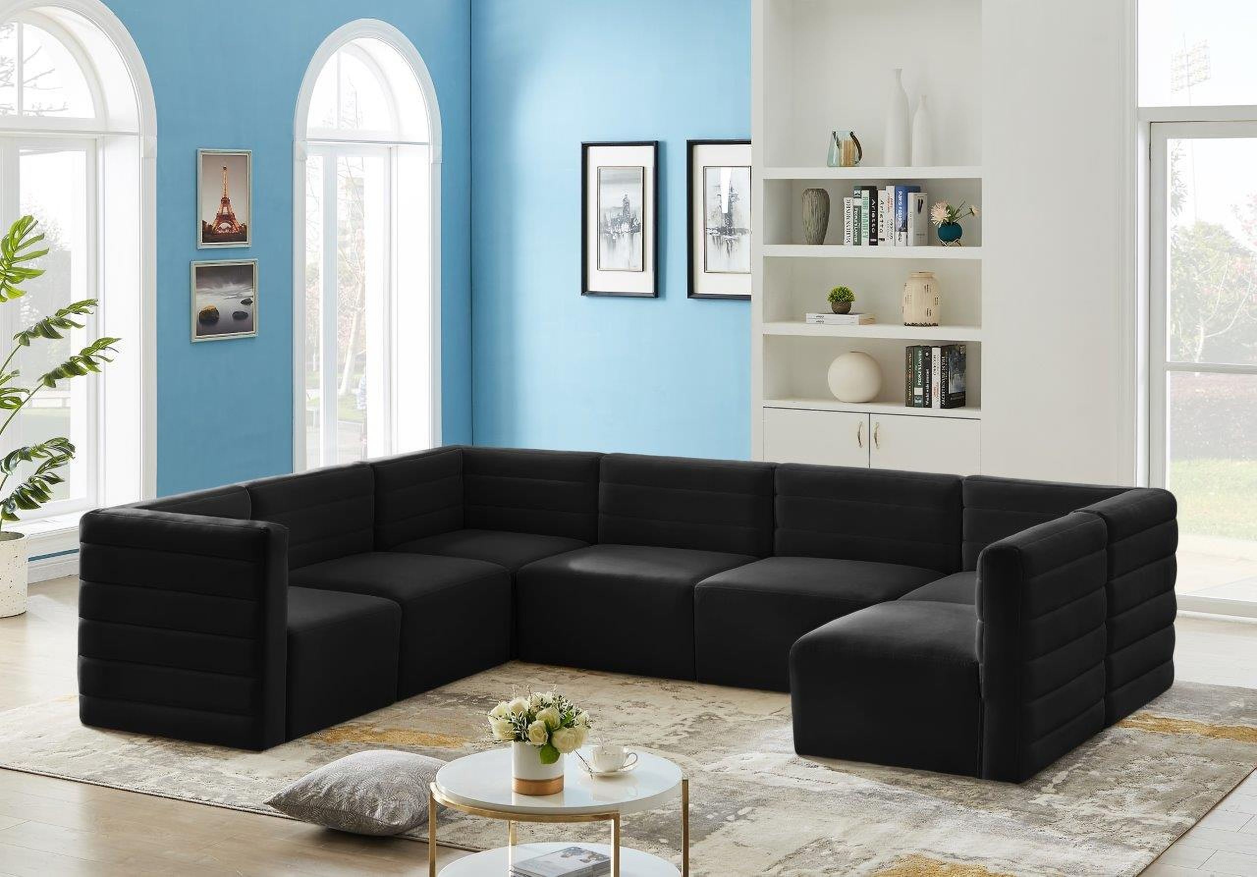The appearance of Quincy Velvet 7 Piece Modular Sectional In Black designed by Meridian in the modern / contemporary interior design. This black piece of furniture  was selected by 1StopBedrooms from Quincy Collection to add a touch of cosiness and style into your home. Sku: 677Black-Corner;677Black-Corner;677Black-Corner;677Black-Armless;677Black-Armless;677Black-Armless;677Black-Armless. Material: Velvet. Layout: U-Shape.