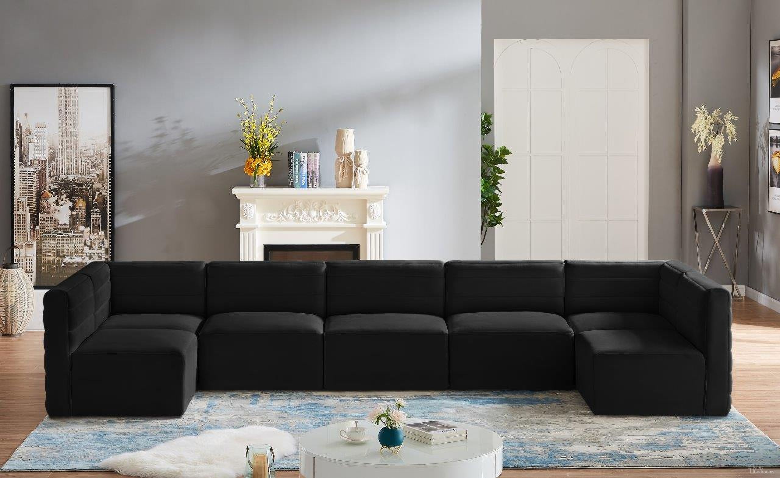 The appearance of Quincy Velvet 7 Piece Modular Sectional In Black designed by Meridian in the modern / contemporary interior design. This black piece of furniture  was selected by 1StopBedrooms from Quincy Collection to add a touch of cosiness and style into your home. Sku: 677Black-Corner;677Black-Corner;677Black-Armless;677Black-Armless;677Black-Armless;677Black-Armless;677Black-Armless. Material: Velvet. Layout: U-Shape.