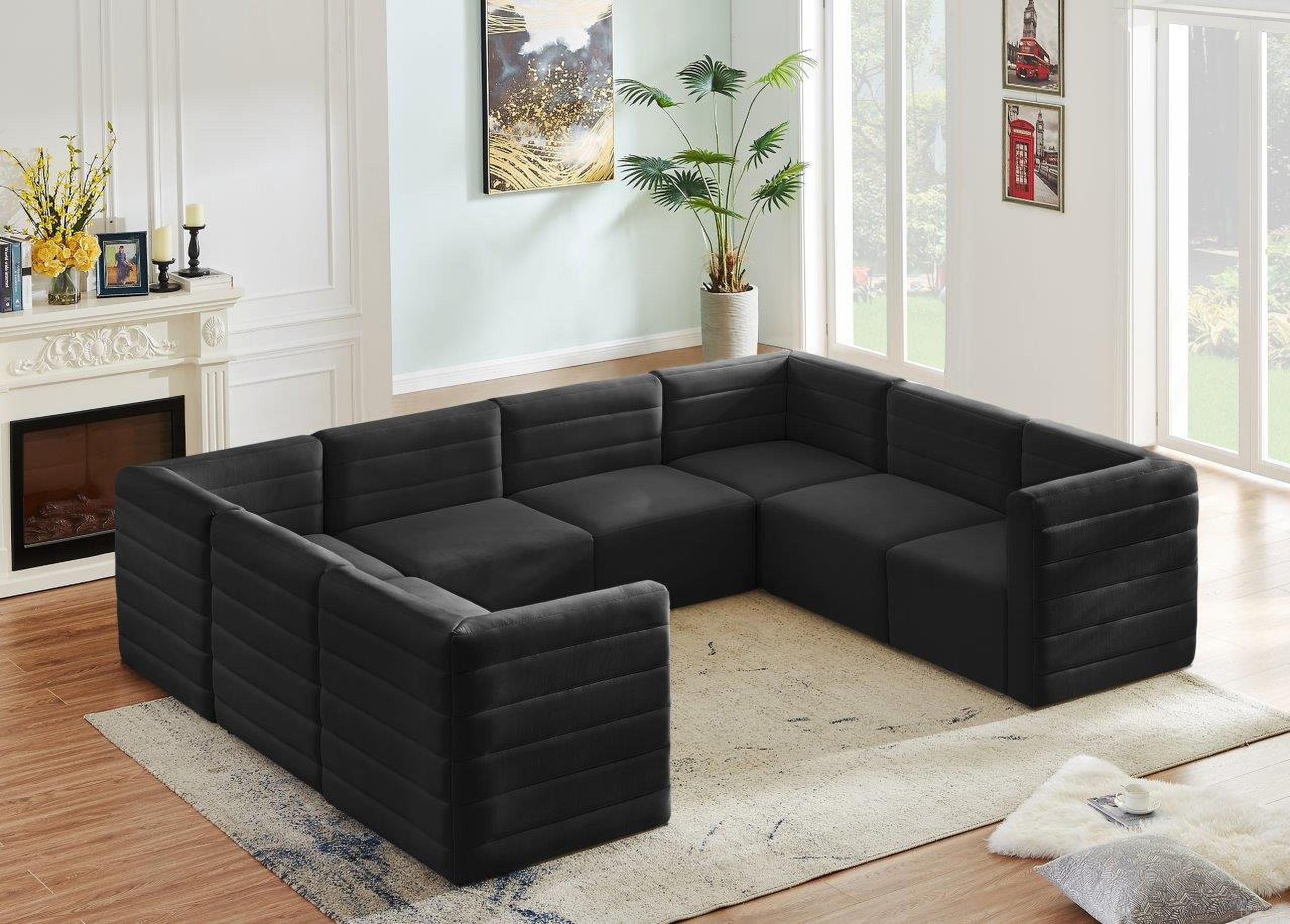 The appearance of Quincy Velvet 8 Piece Modular Sectional In Black designed by Meridian in the modern / contemporary interior design. This black piece of furniture  was selected by 1StopBedrooms from Quincy Collection to add a touch of cosiness and style into your home. Sku: 677Black-Corner;677Black-Corner;677Black-Corner;677Black-Corner;677Black-Armless;677Black-Armless;677Black-Armless;677Black-Armless. Material: Velvet. Layout: U-Shape.