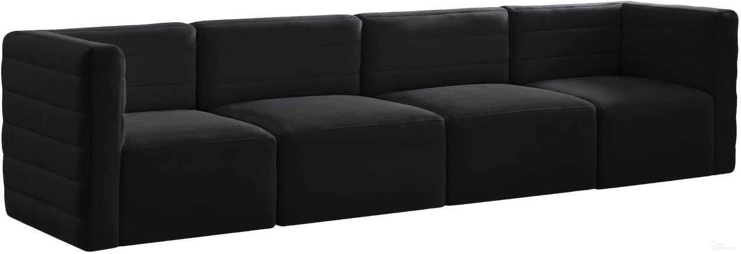 The appearance of Quincy Velvet 4 Seater Modular Sofa with Arm Support In Black designed by Meridian in the modern / contemporary interior design. This black piece of furniture  was selected by 1StopBedrooms from Quincy Collection to add a touch of cosiness and style into your home. Sku: 677Black-Corner;677Black-Corner;677Black-Armless;677Black-Armless. Material: Velvet.