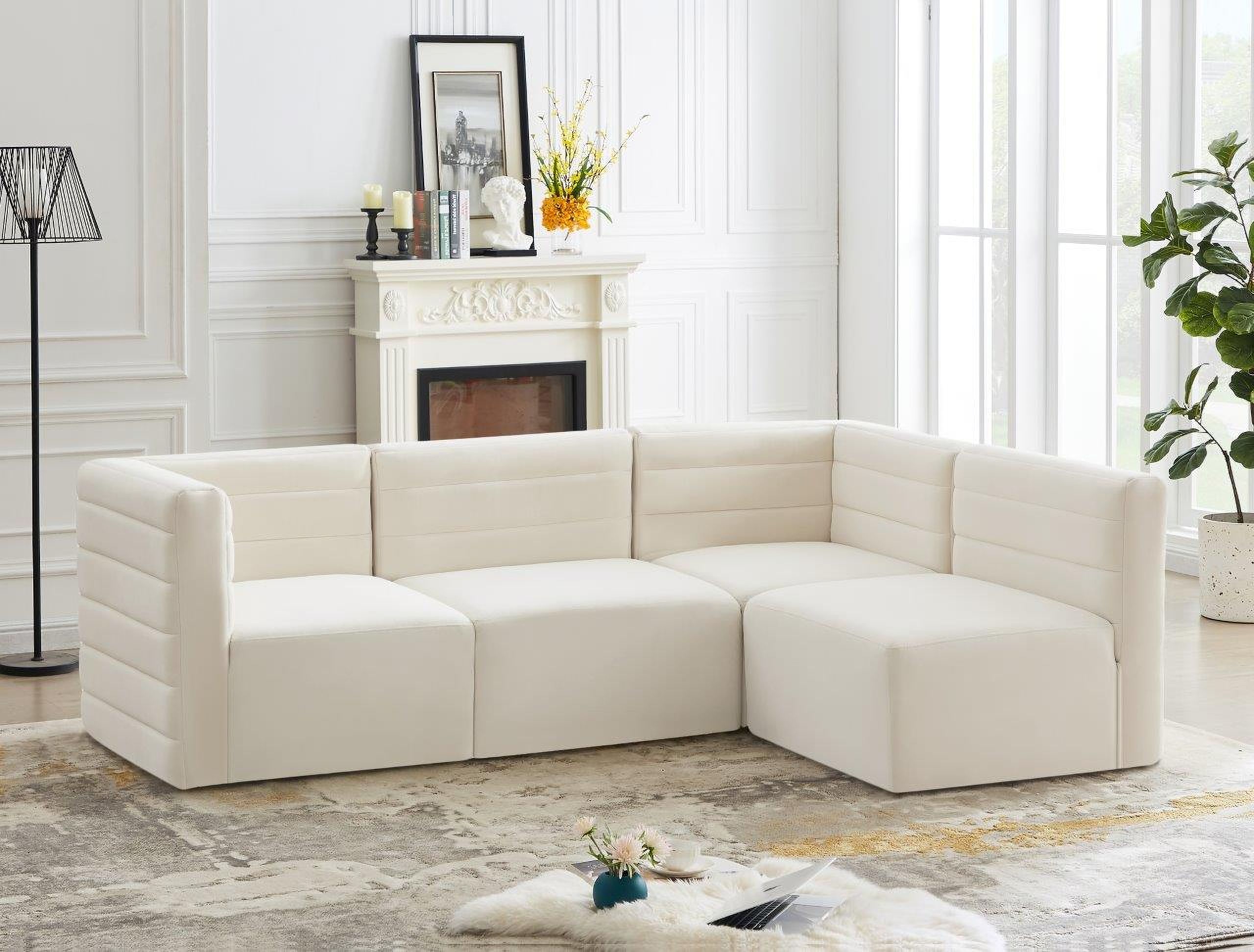 The appearance of Quincy Velvet 4 Piece Modular Sectional In Cream designed by Meridian in the modern / contemporary interior design. This cream velvet piece of furniture  was selected by 1StopBedrooms from Quincy Collection to add a touch of cosiness and style into your home. Sku: 677Cream-Corner;677Cream-Corner;677Cream-Armless;677Cream-Armless. Material: Velvet. Layout: L-Shape.