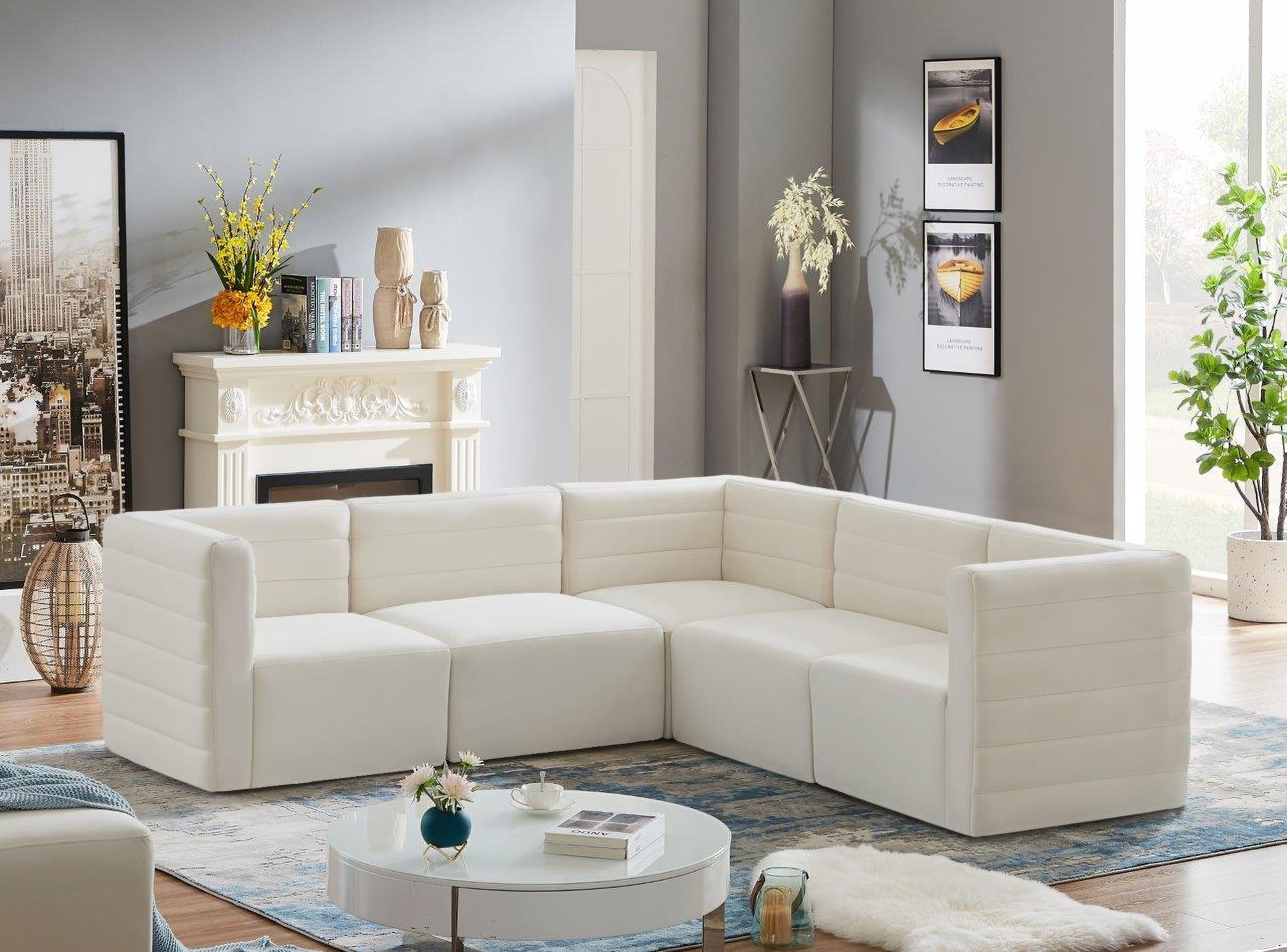 Quincy Velvet 5 Piece Modular Sectional In Cream