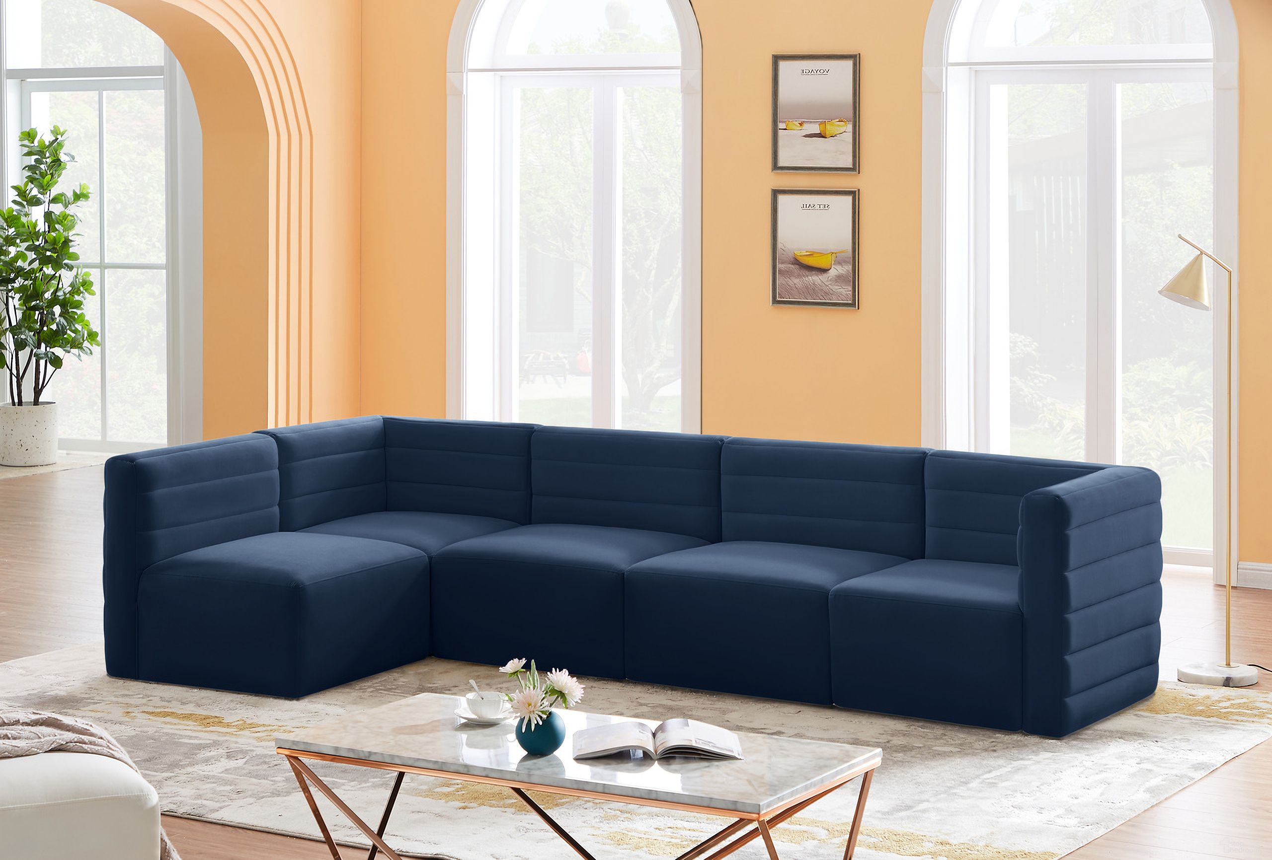 Quincy Velvet 5 Piece Modular Sectional In Navy