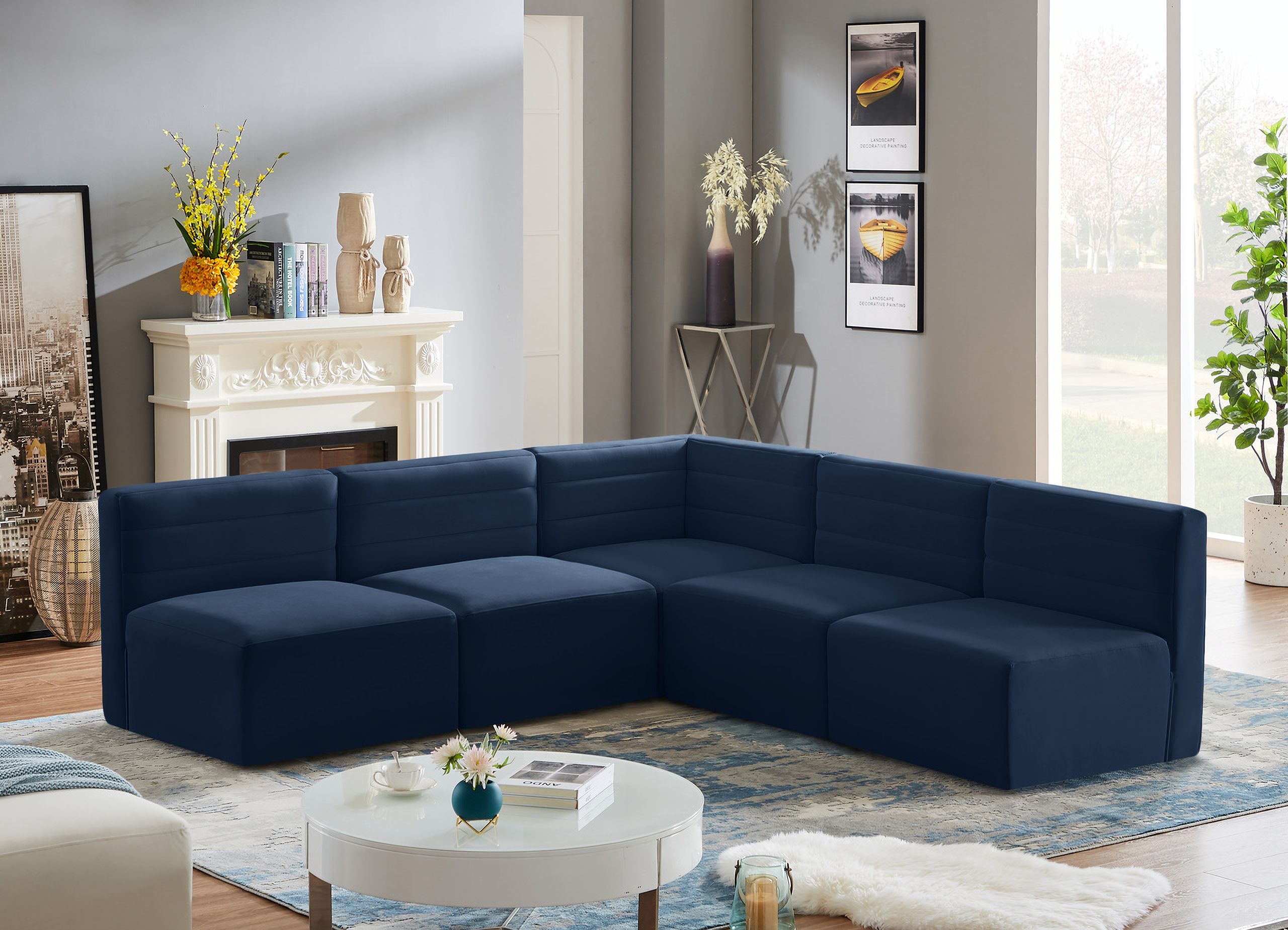 Quincy Velvet 5 Piece Modular Sectional In Navy
